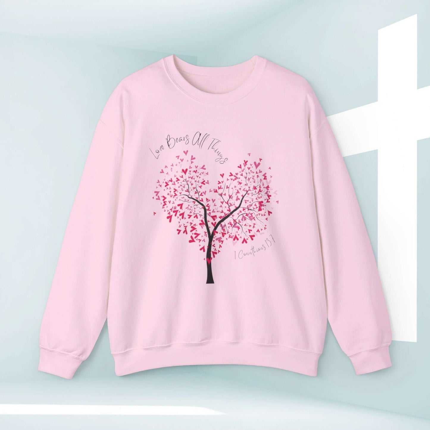 Pink Tree Heart Christian Love Wedding Sweatshirt, Valentines Day Gift, Love Bears All Things Bible Verse, Anniversary Apparel