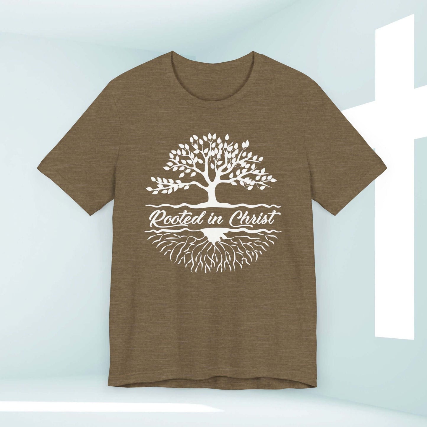 Brown Rooted In Christ Men's Christian Shirt with Tree Design for Nature, Camping, Outdoors, Christian Gifts for Dad.