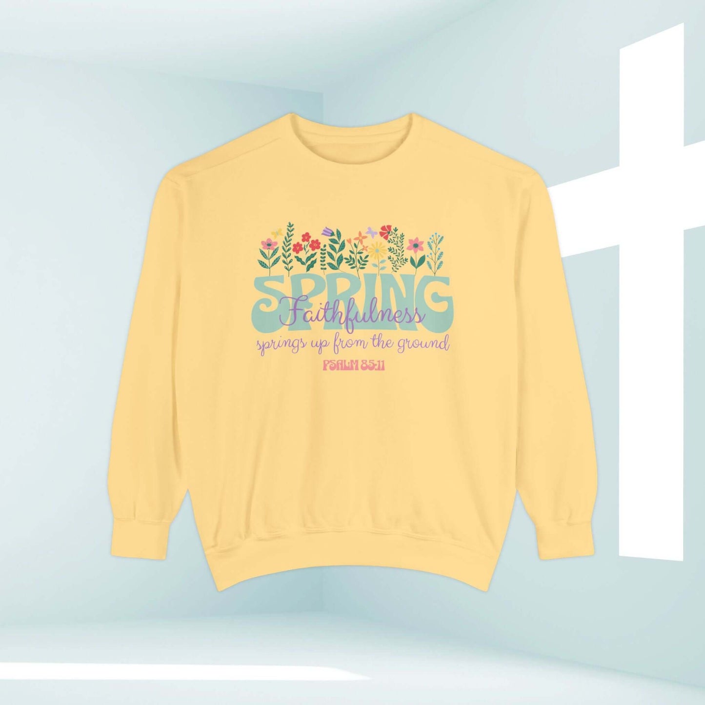 Christian sweatshirt with floral design and Bible verse on a yellow crewneck, faith-inspired spring pullover sweatshirt.