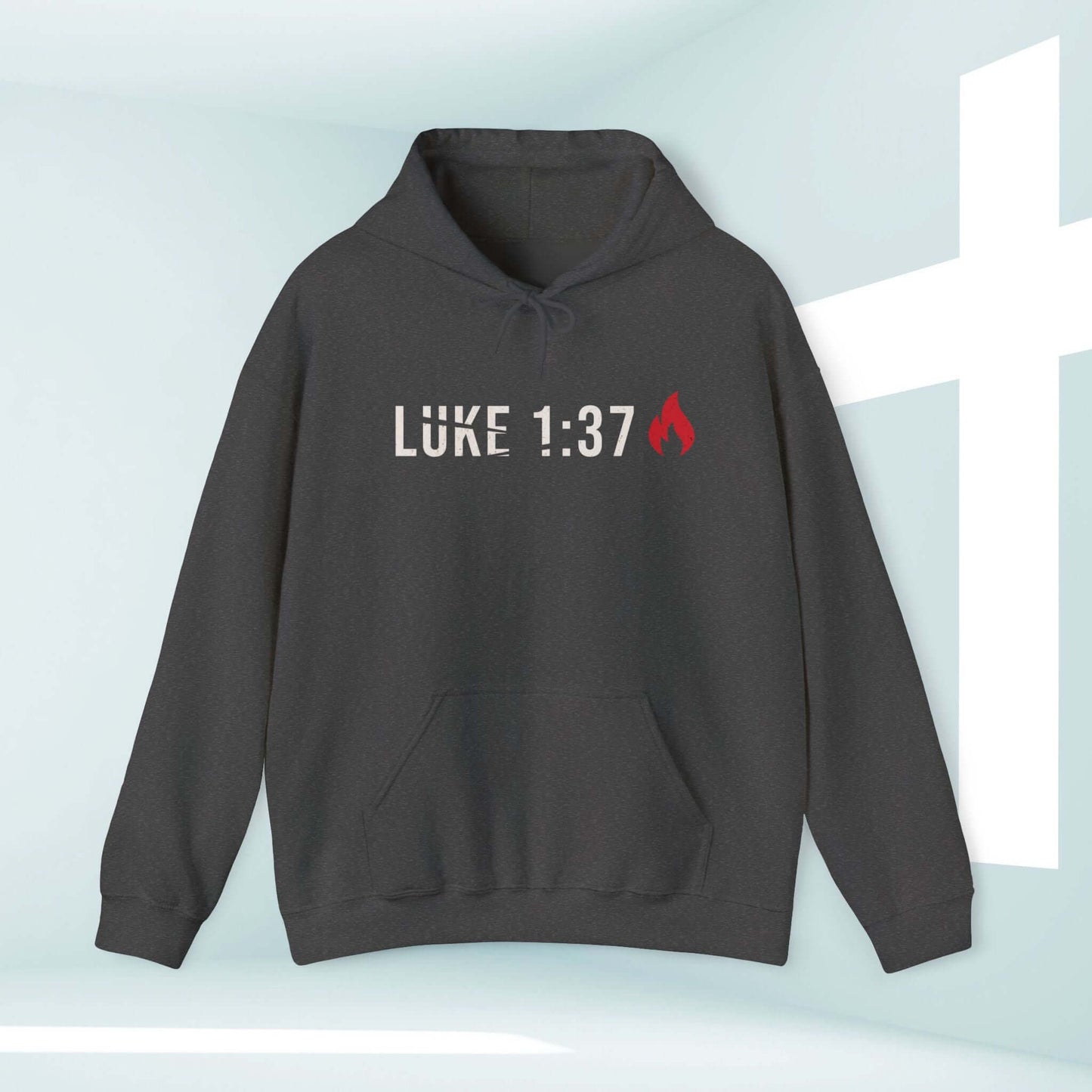 Mens Christian hoodie with "Luke 1:37" Bible verse, religious Jesus apparel, perfect gift for dad, Father's Day, faith-based sweatshirt.