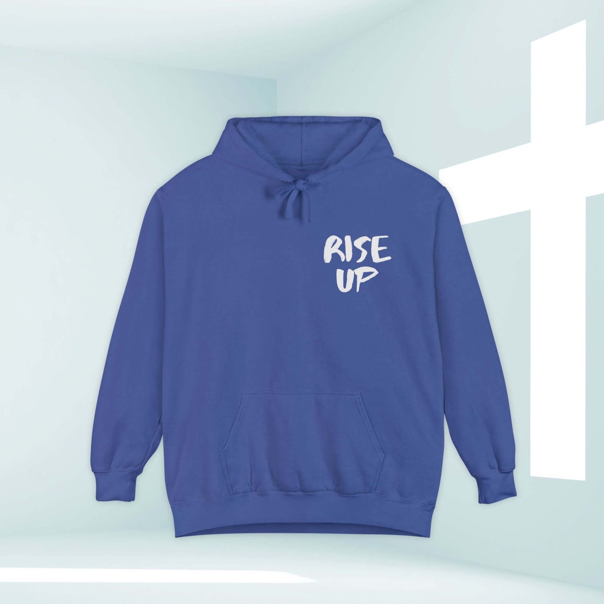 Rise Up Christian hoodie in blue with inspiring message, perfect for church clothing and scripture-based apparel.