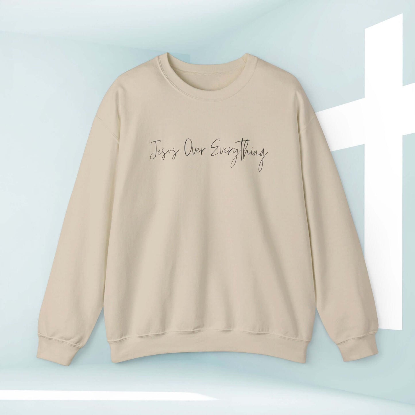 Jesus Over Everything cross crewneck sweatshirt for Christians, faith apparel.