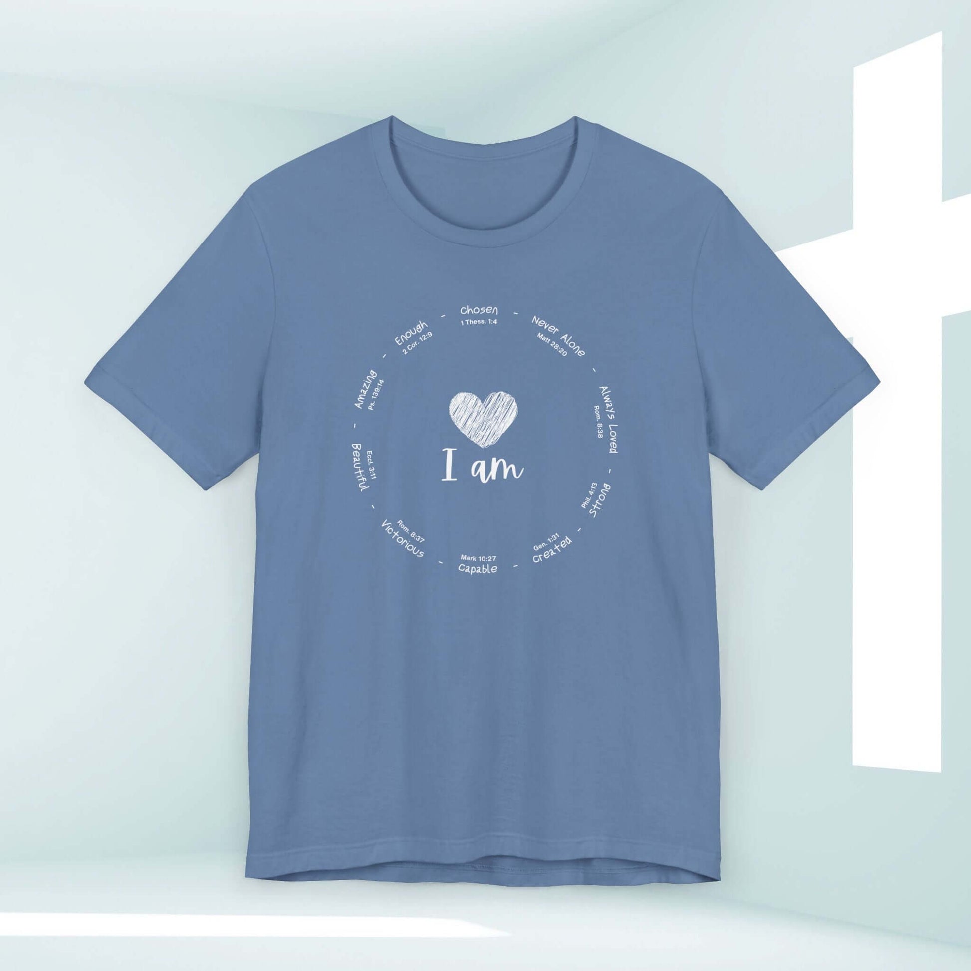 I Am Inspiration Shirt Bible Verse Women's Christian Tees in blue with inspirational text for faith and encouragement.