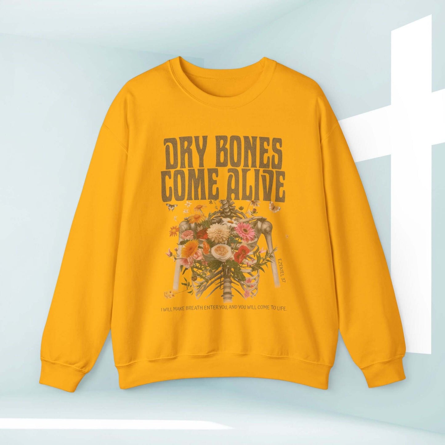 Christian Halloween sweatshirt with "Dry Bones Come Alive" text and skeleton design, perfect for Halloween religious and faith-themed events.