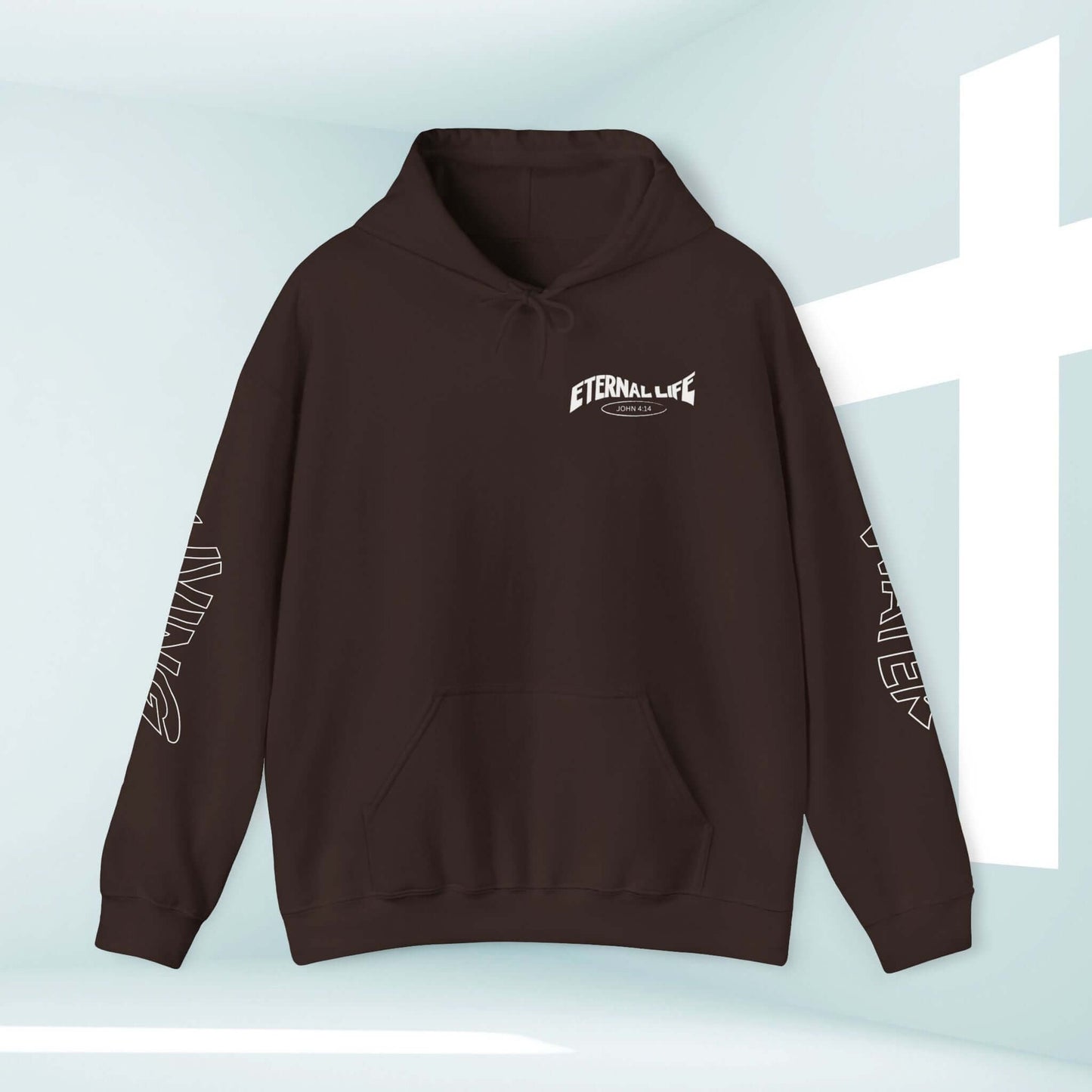 Unisex Living Water Eternal Life Christian hoodie with front, sleeve, and back graphics, faith-based hooded sweatshirt, perfect Christian gift.