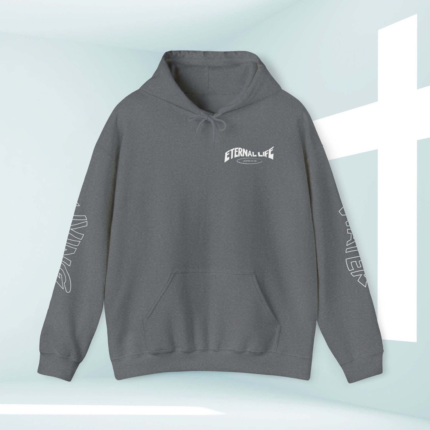 Unisex Living Water Eternal Life Christian Hoodie with graphics on the left, right sleeves, front, and back, perfect faith-based apparel