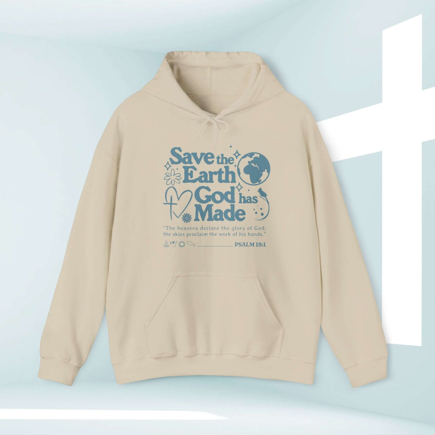 Save The Earth Day Christian hoodie with Bible verse, beige hooded sweatshirt for faith-based inspiration and sharing testimony