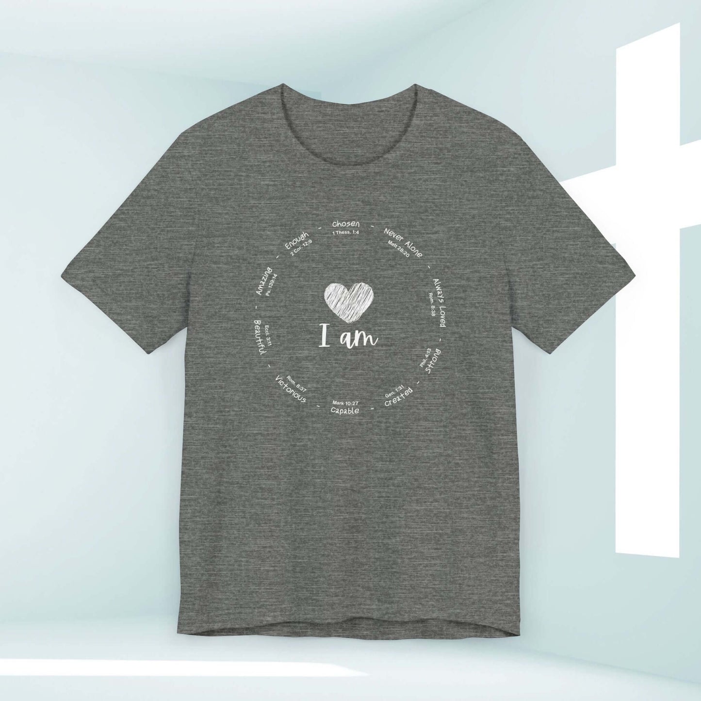 I Am Inspiration Shirt Bible Verse Women's Christian Tee in gray with inspirational messages like "I am amazing" and "I am chosen"