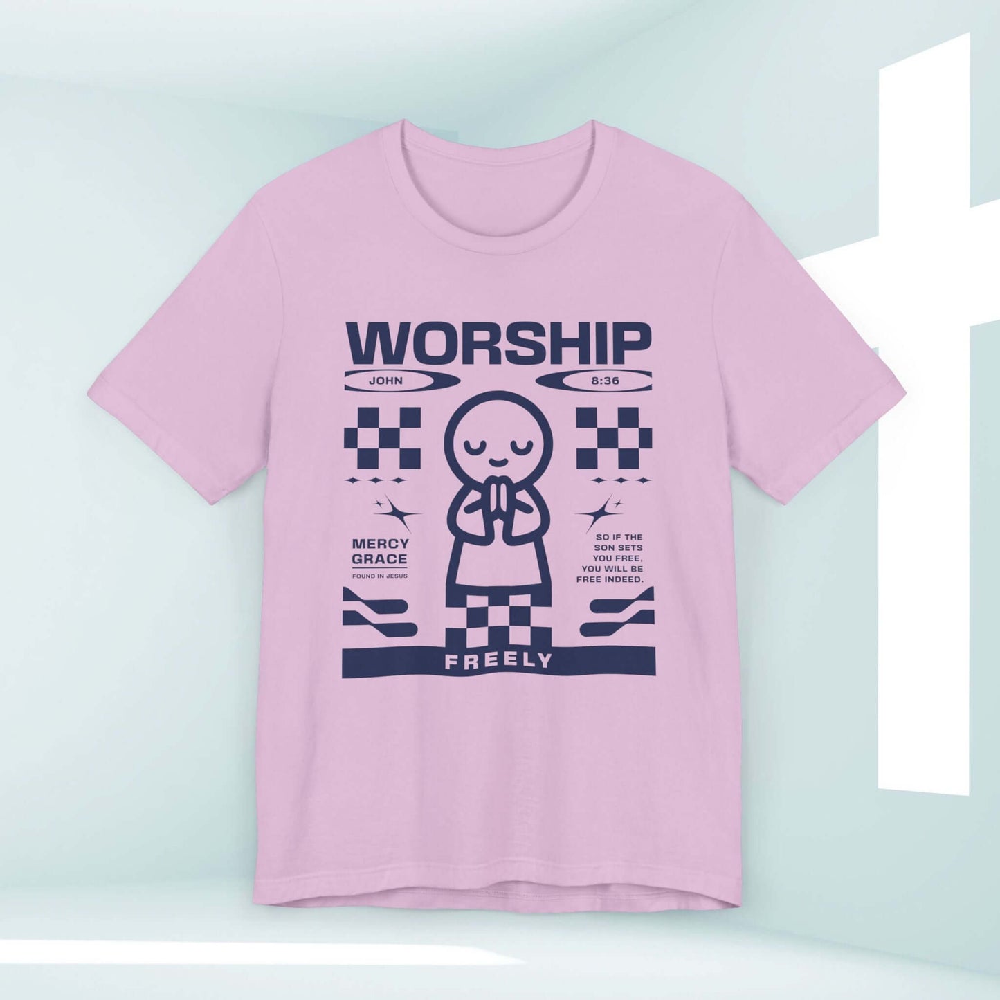 Worship Freely Christian t-shirt with faith-based graphic design, featuring praise and worship symbols, perfect for church and prayer.