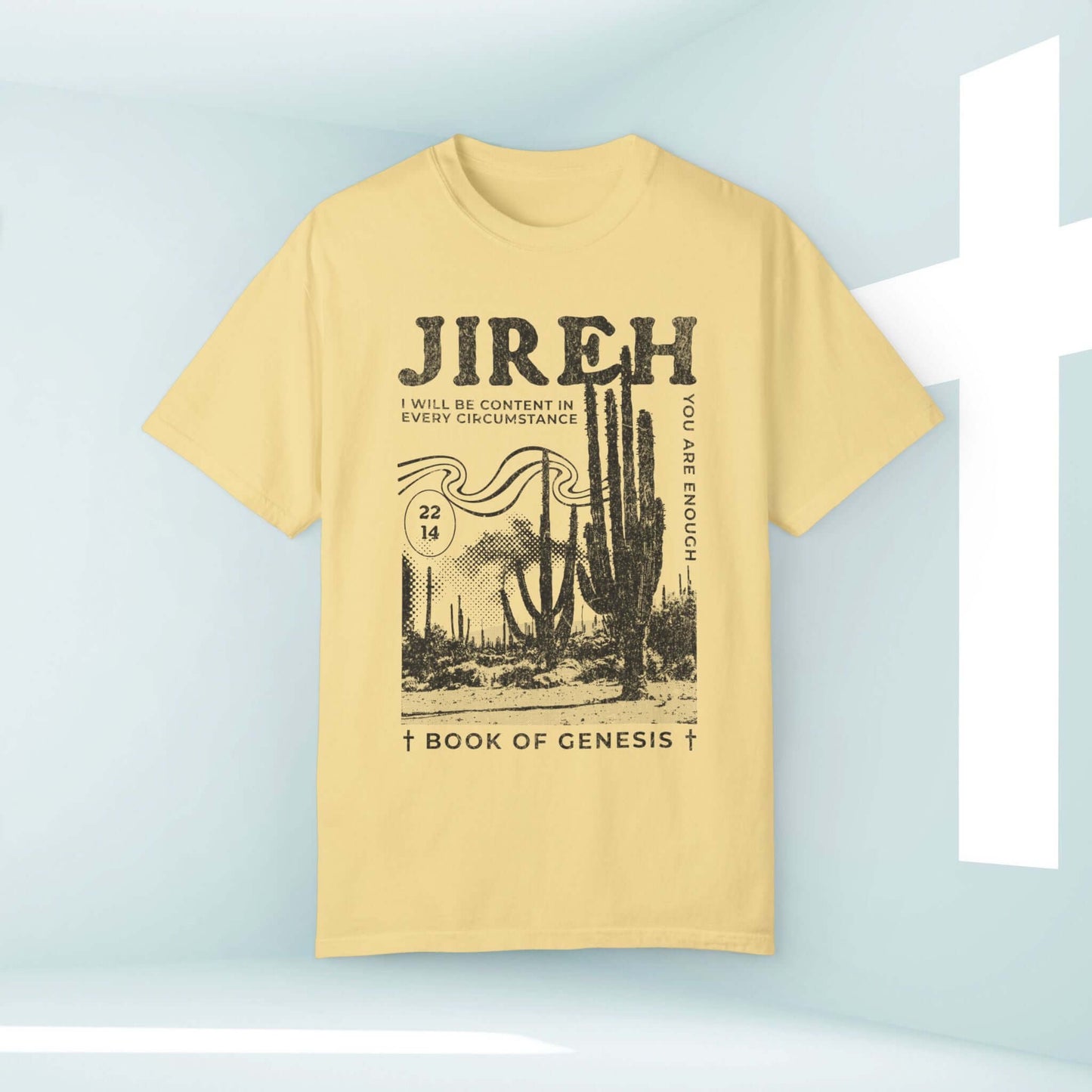 Jireh Christian t-shirt with cactus design and Bible verse, inspirational boho church apparel, faith-based worship tee