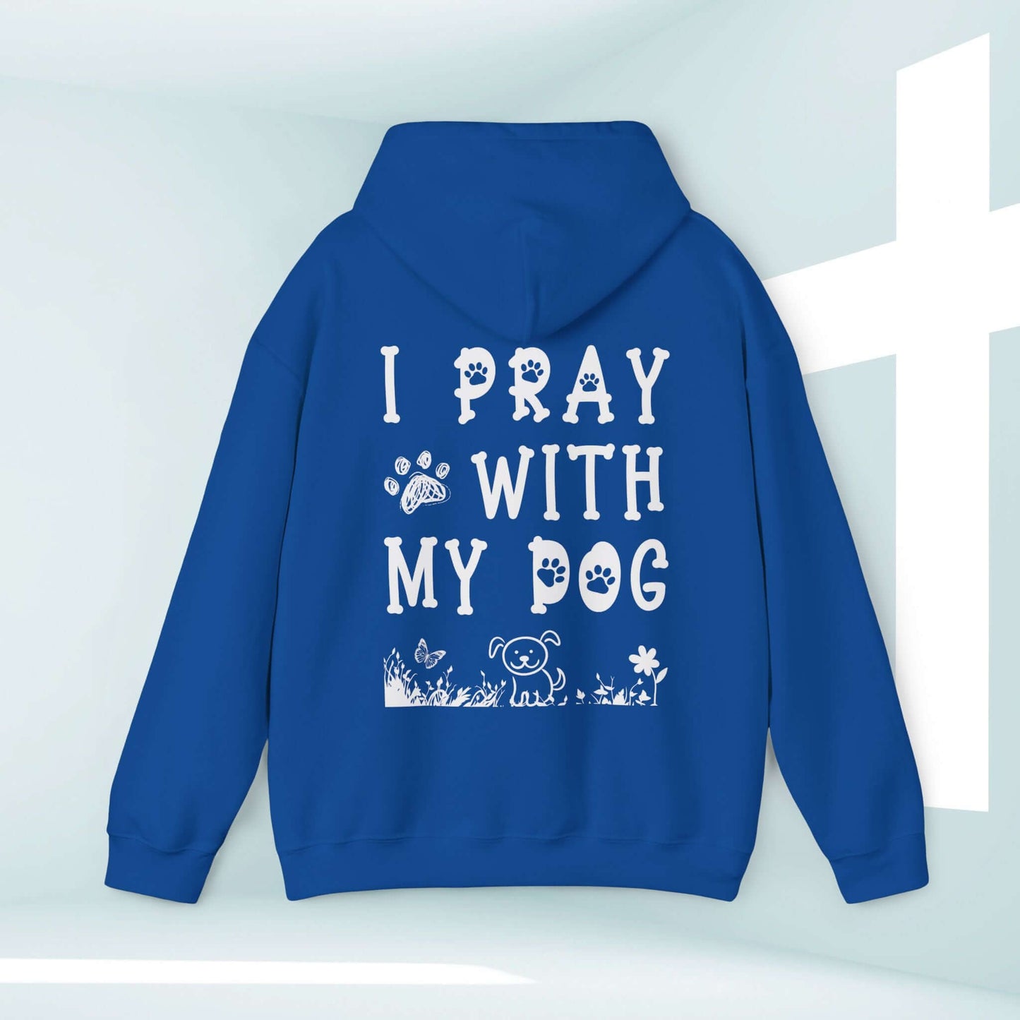 Blue "I Pray With My Dog" Christian hoodie with faith-based graphic for dog lovers.