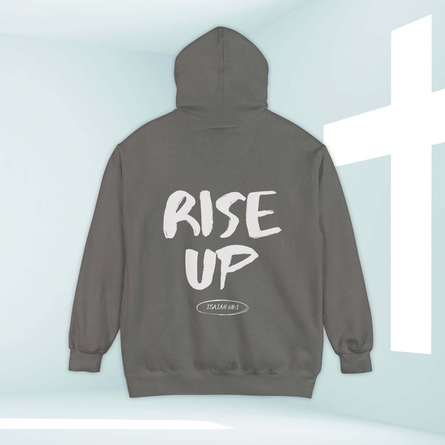 Rise Up Bible Verse Hooded Sweatshirt, Christian graphic hoodie with Isaiah 60:1 verse in church setting. Perfect faith-based apparel.