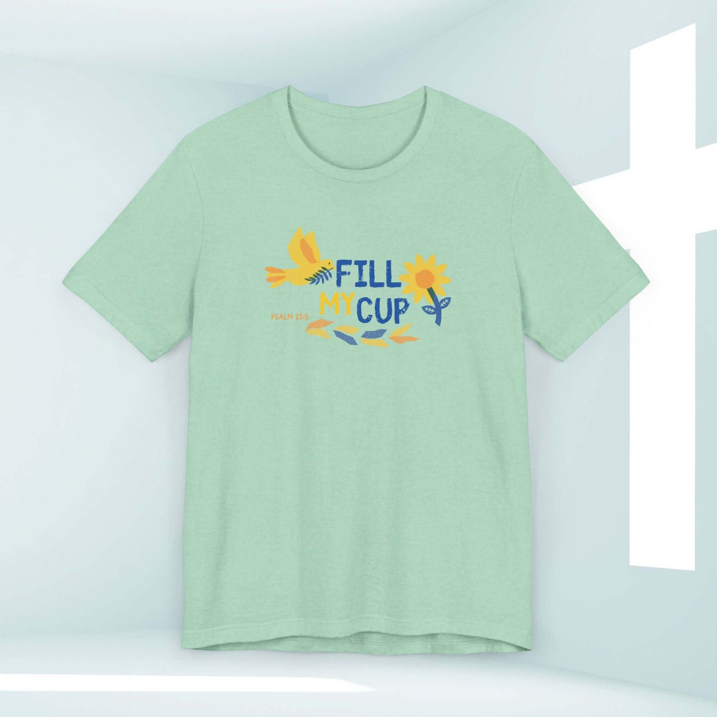 Christian "Fill My Cup" shirt with bird and flower design, faith-based women's t-shirt inspiring with Bible verse, perfect religious gift.