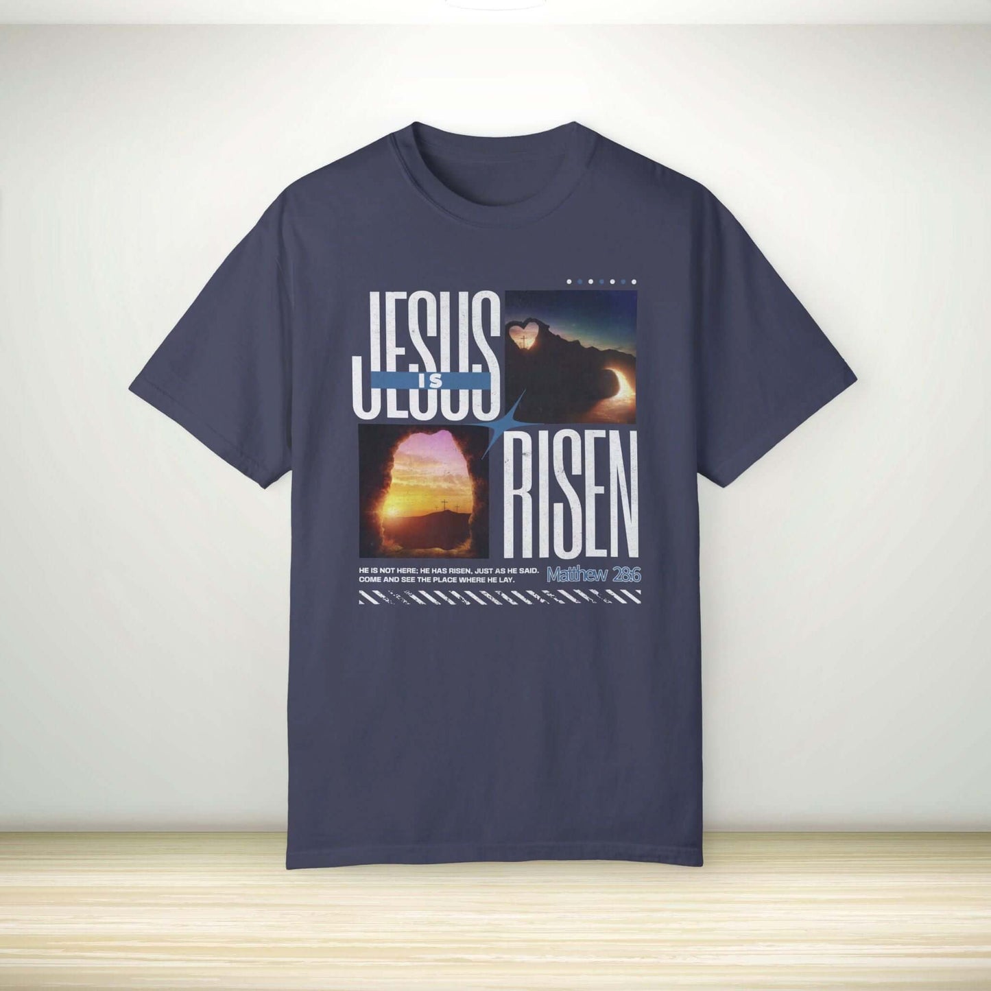 Jesus Is Risen Easter Christian T-Shirt with Bible Verse Matthew 28:6, Religious Easter Clothing for Christians