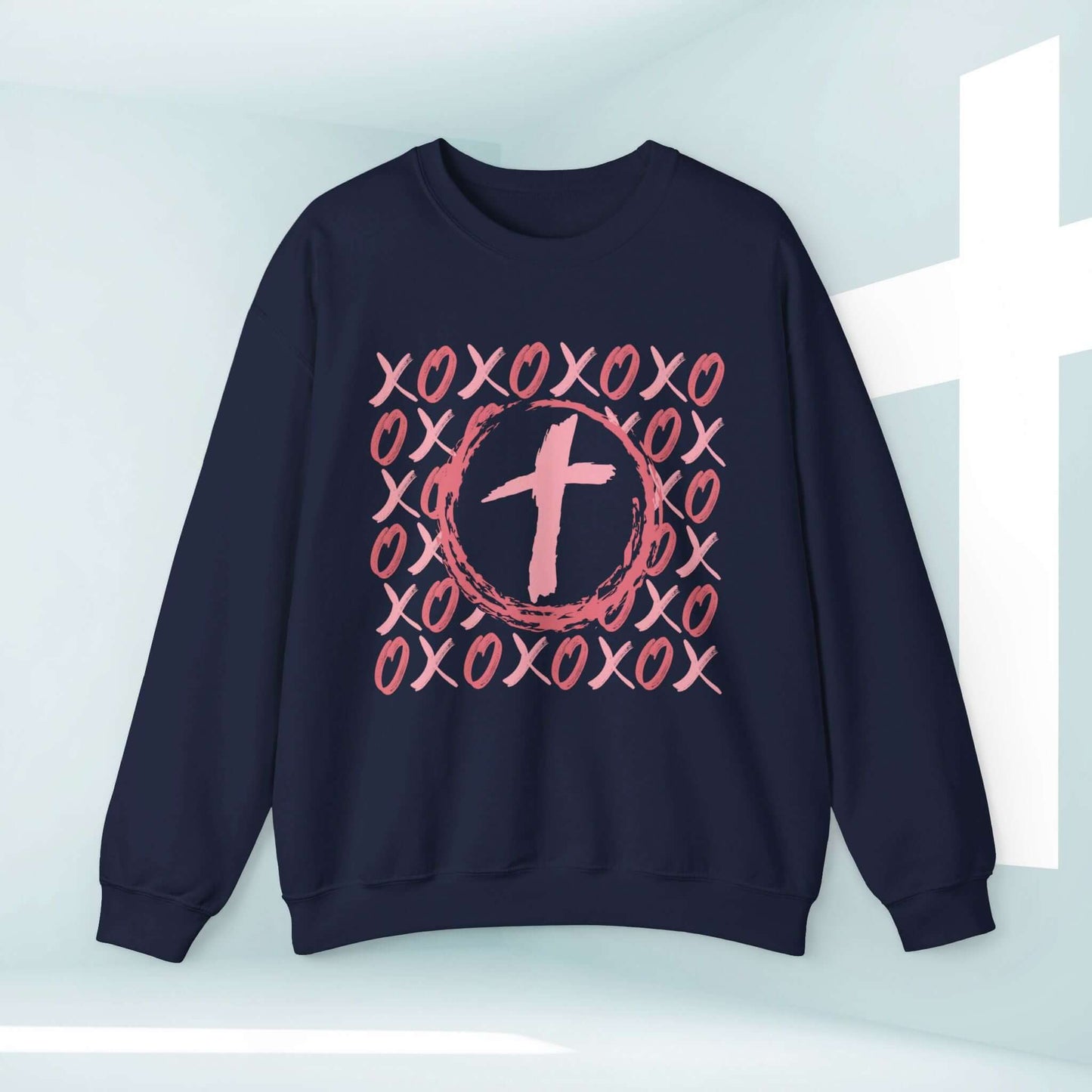 Christian wedding love sweatshirt with XOXO and heart cross design, perfect Valentine's Day faith-based apparel gift for anniversaries or engagements