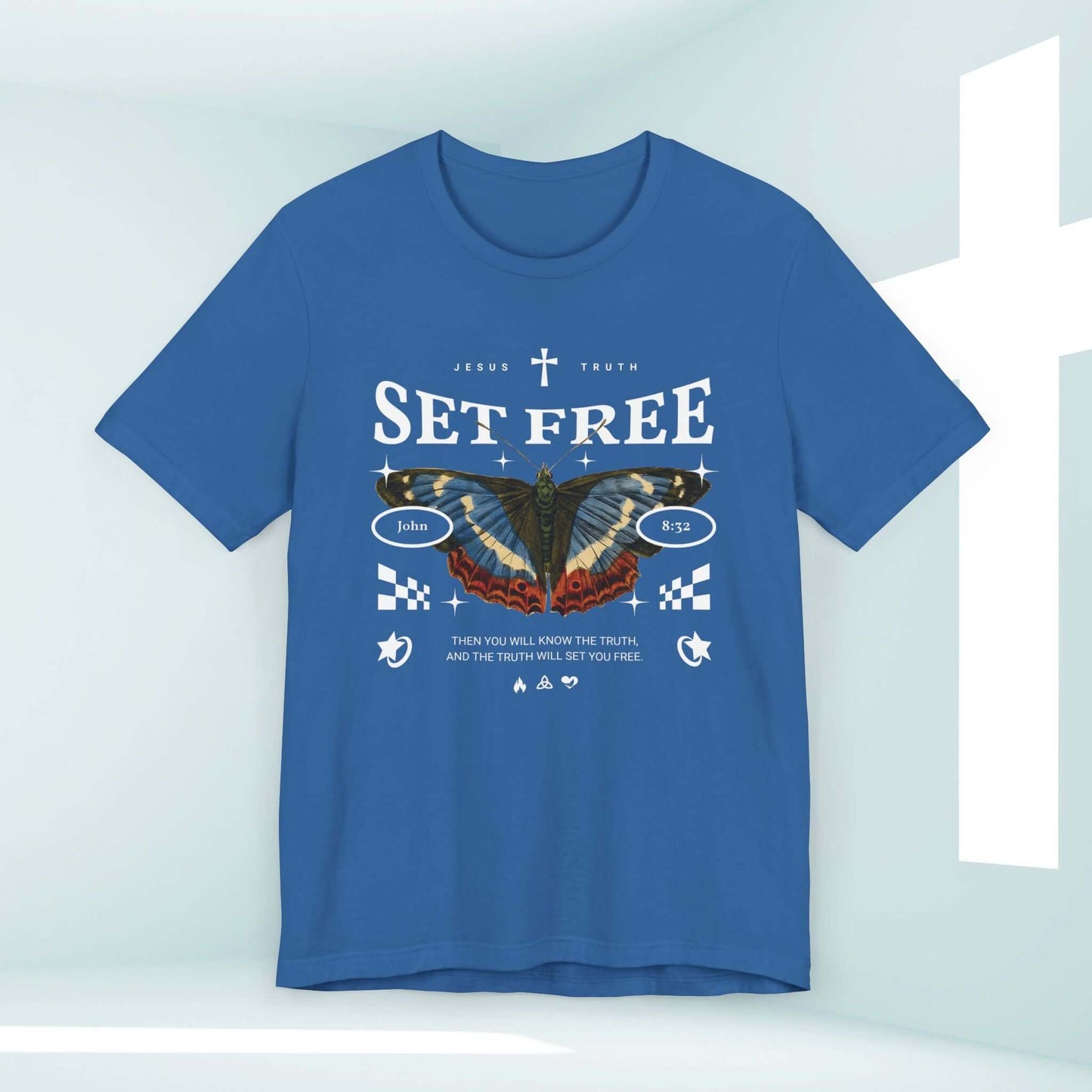 Butterfly Set Free Christian TShirt with Bible Verse in Blue - Christian Apparel, Spring Shirt, Religious Tee, Church TShirt