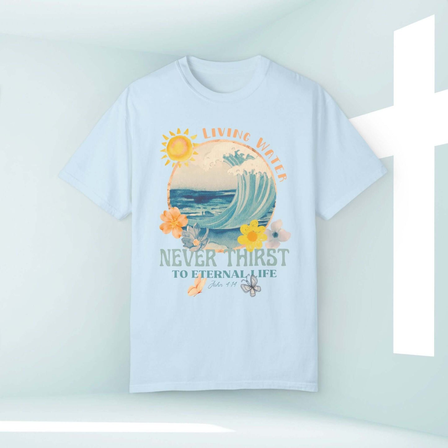 Light blue Living Water beach T-shirt with Bible verse and wave graphic, perfect for Christian summer wear and faith-based inspiration.