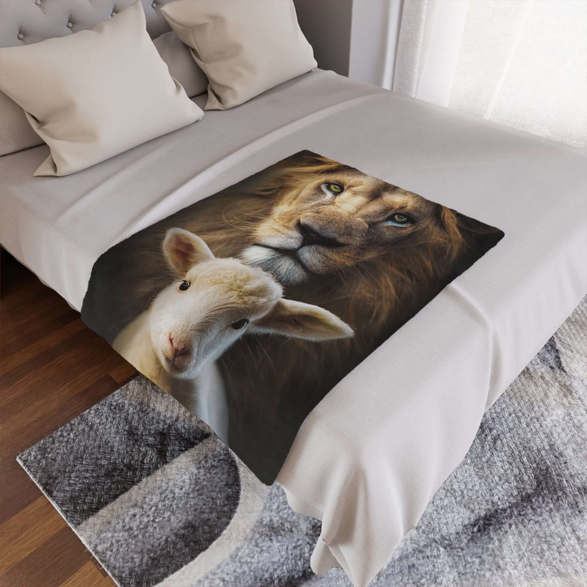 Christian blanket featuring the Lion of Judah and Lamb of God on bed, religious home decor, cozy Christian throw cover.