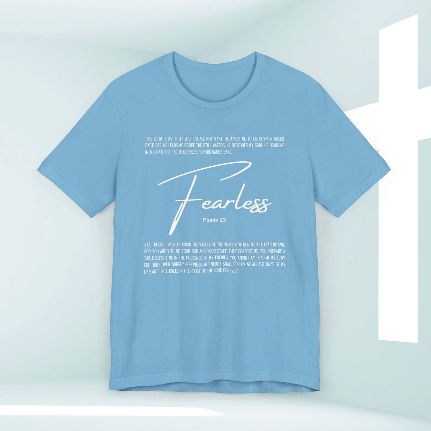 Light blue Fearless T-Shirt with Psalm 23 Bible verse, inspiring Christian apparel, no fear tshirt for sharing faith and testimony