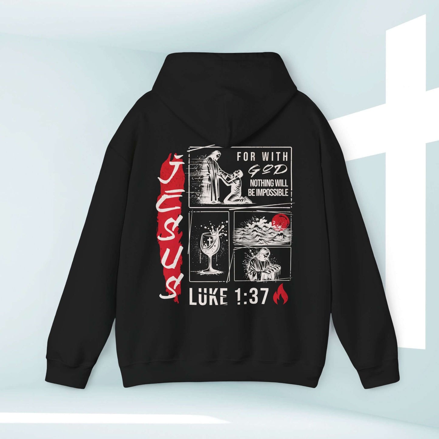 Mens Christian Jesus Hoodie with Bible Verse "For with God nothing will be impossible" Luke 1:37, Religious Shirt for Men of Faith