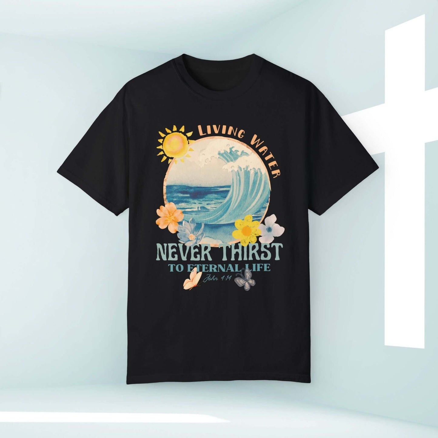 Living Water Christian beach t-shirt with Bible verse graphic, perfect for inspiring faith on summer vacations and beach trips.