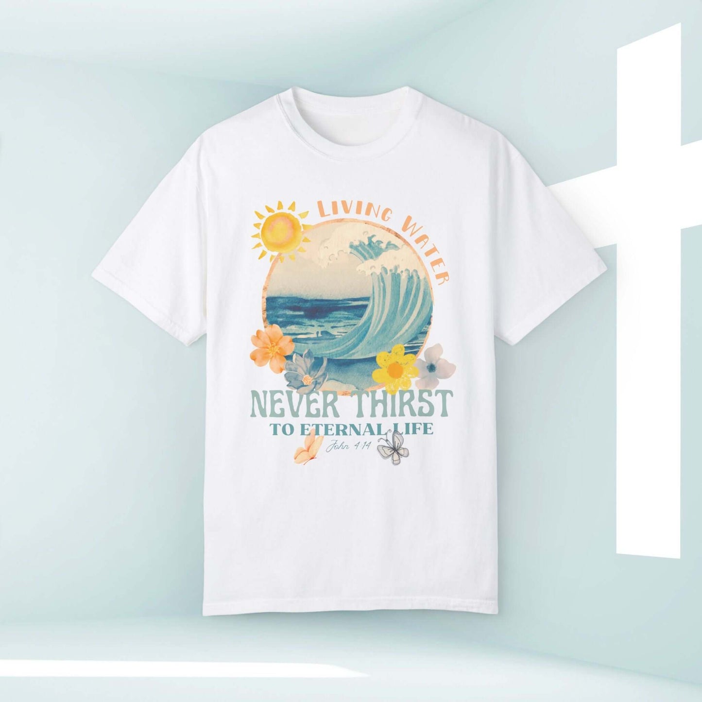 Living Water beach T-shirt with Bible verse design, Christian shirt featuring ocean waves and flowers for faith-based summer apparel