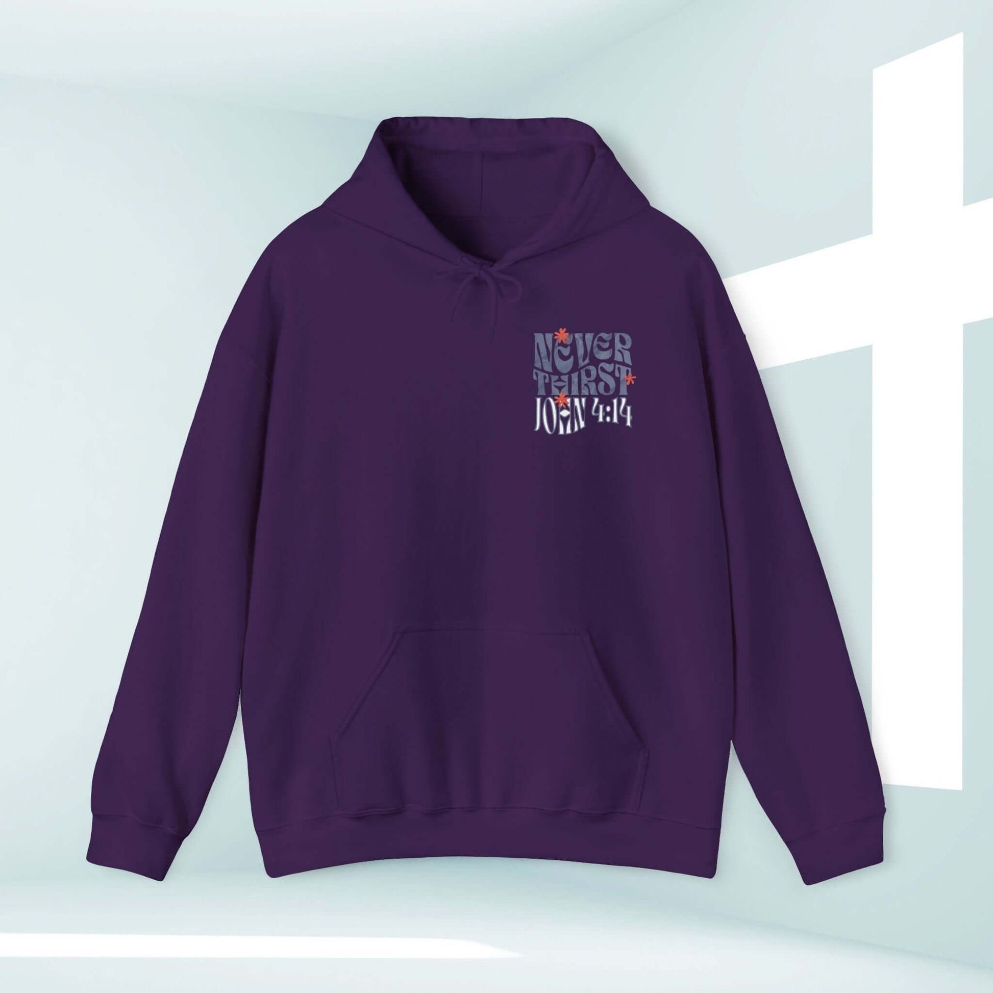 "Living Water Never Thirst purple Christian hoodie with Bible verse design, faith-based hoodie with kangaroo pocket and drawcord"