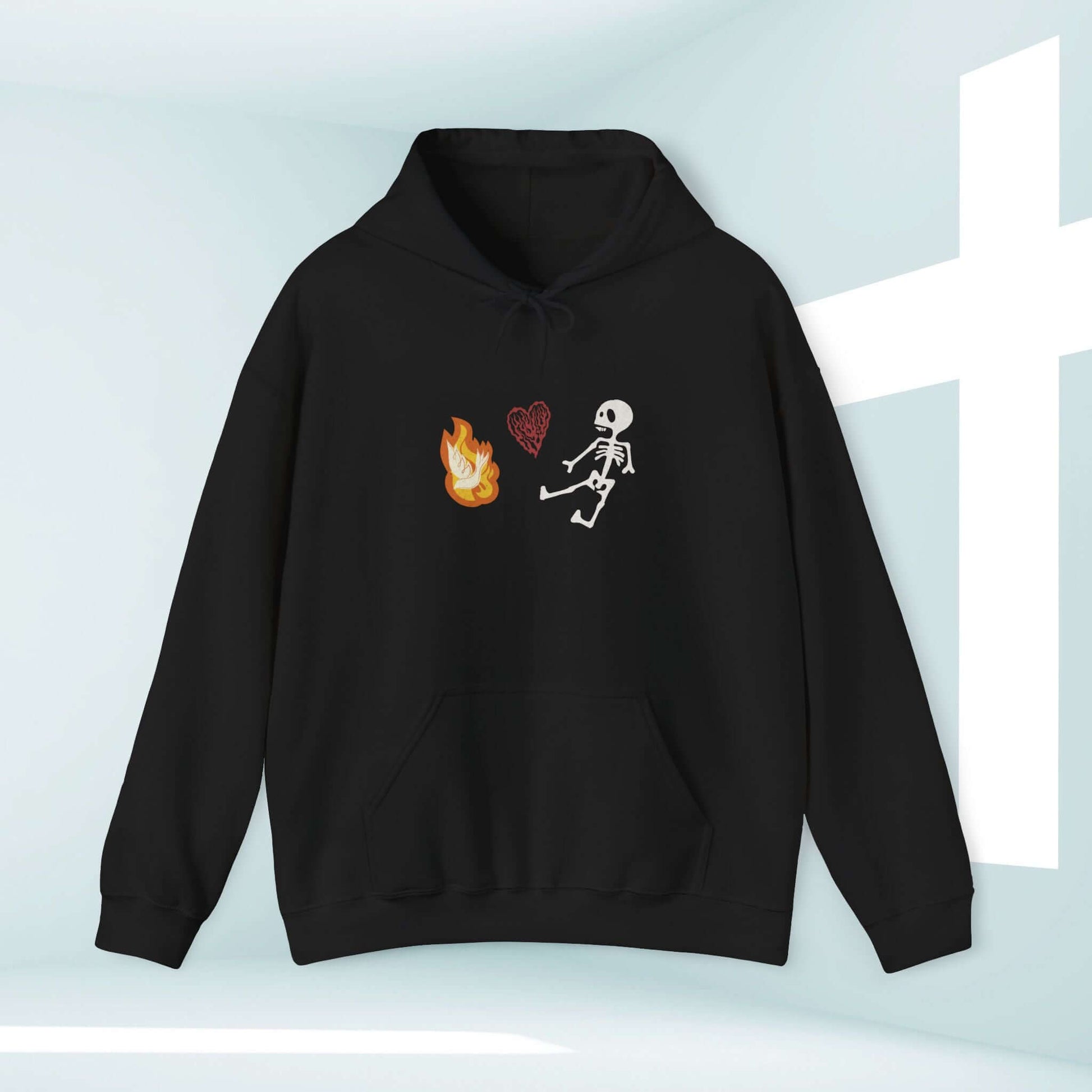 Christian Halloween hoodie with skeleton and flames, inspiring faith-themed sweatshirt, perfect Halloween gift.