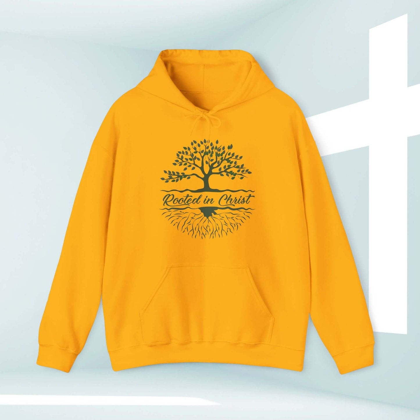 Rooted In Christ Men's Christian Hoodie Camping Nature Tree Hooded Sweatshirt in yellow with cross in background