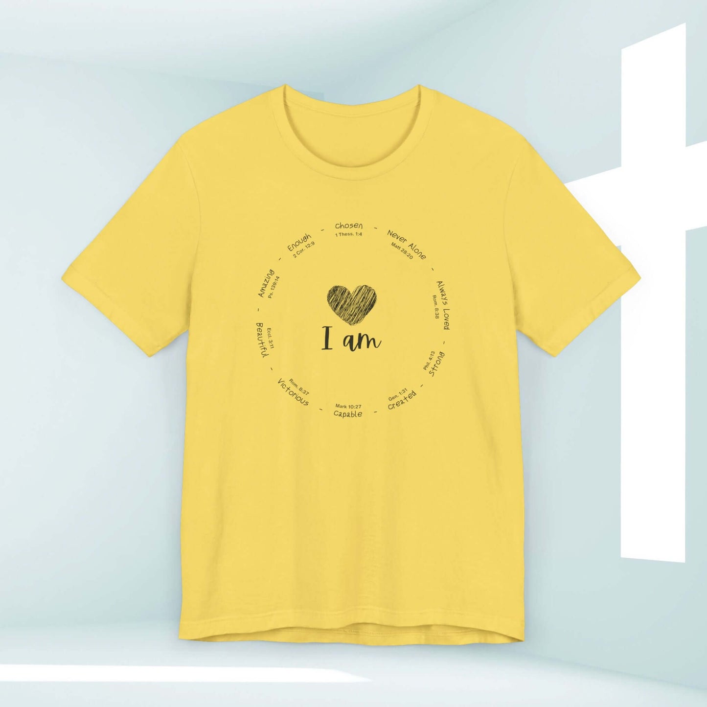 Yellow I Am Inspiration Shirt with Bible Verse for Women featuring positive affirmations in a circle design