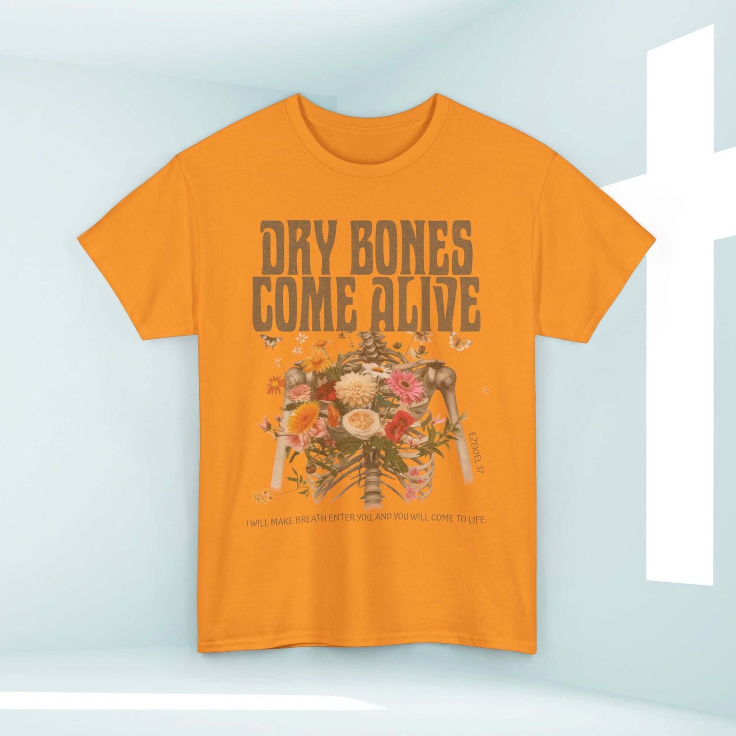 Christian Halloween shirt with "Dry Bones Come Alive" design, featuring Bible verse and skeleton graphic for faith-inspired conversations.