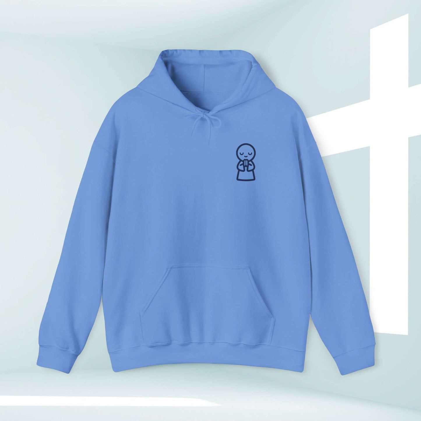 Light blue Christian hoodie with faith-inspired graphic, featuring a cross in the background, perfect for worship, church, and prayer.