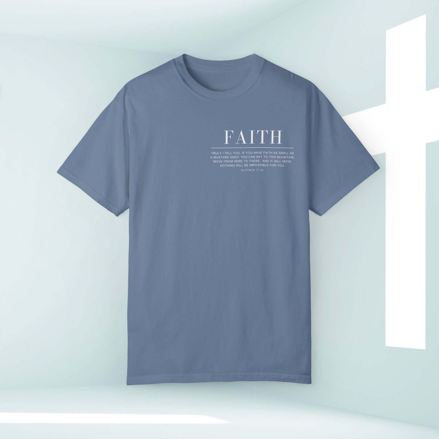 Faith Can Move Mountains Christian shirt with Bible verse design, inspirational faith-based tee in light blue, perfect for church and worship.