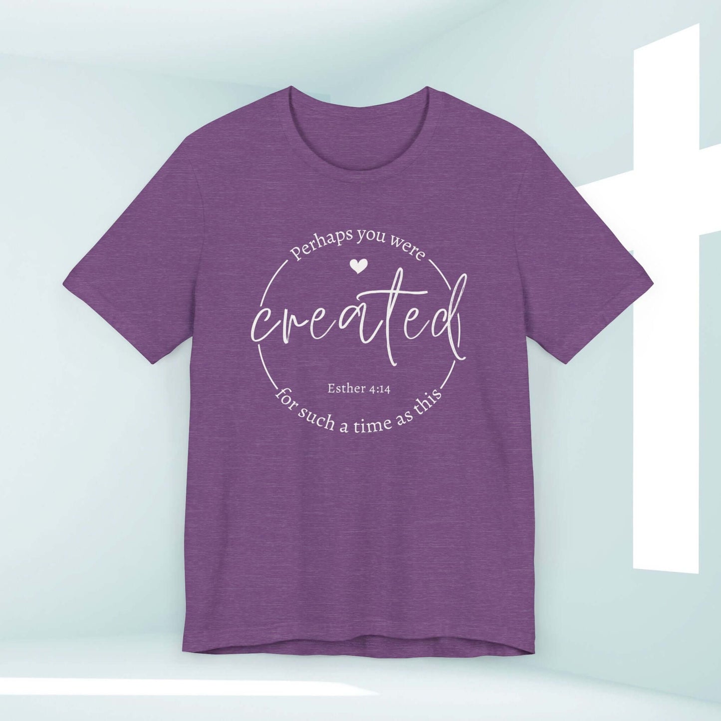 Women's purple Christian shirt with "Perhaps You Were Created for Such a Time as This, Esther 4:14" Bible verse. Christian apparel.