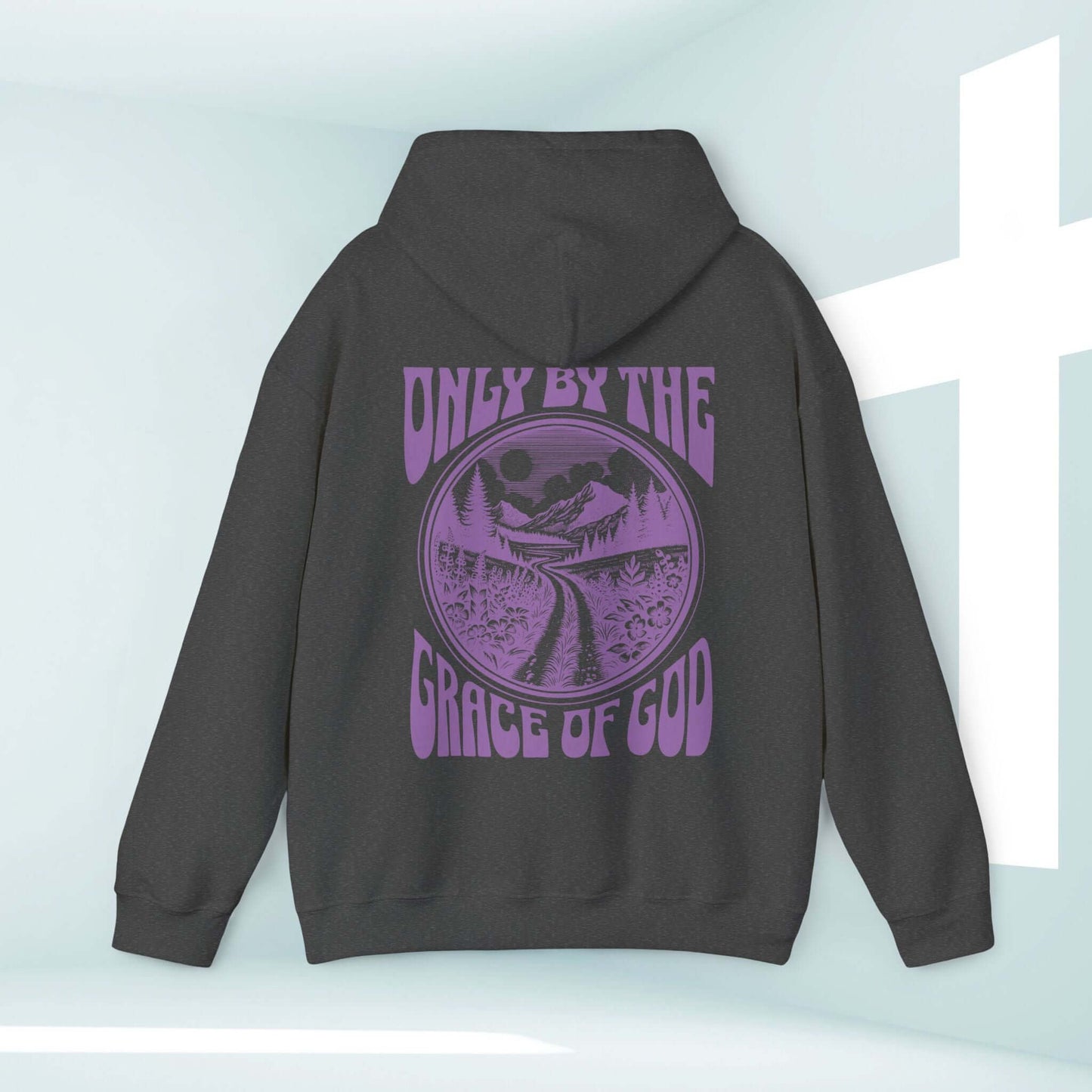 "Christian hoodie with 'Only By The Grace Of God' Bible verse graphic on the back, faith-based religious hooded sweatshirt, inspirational apparel"