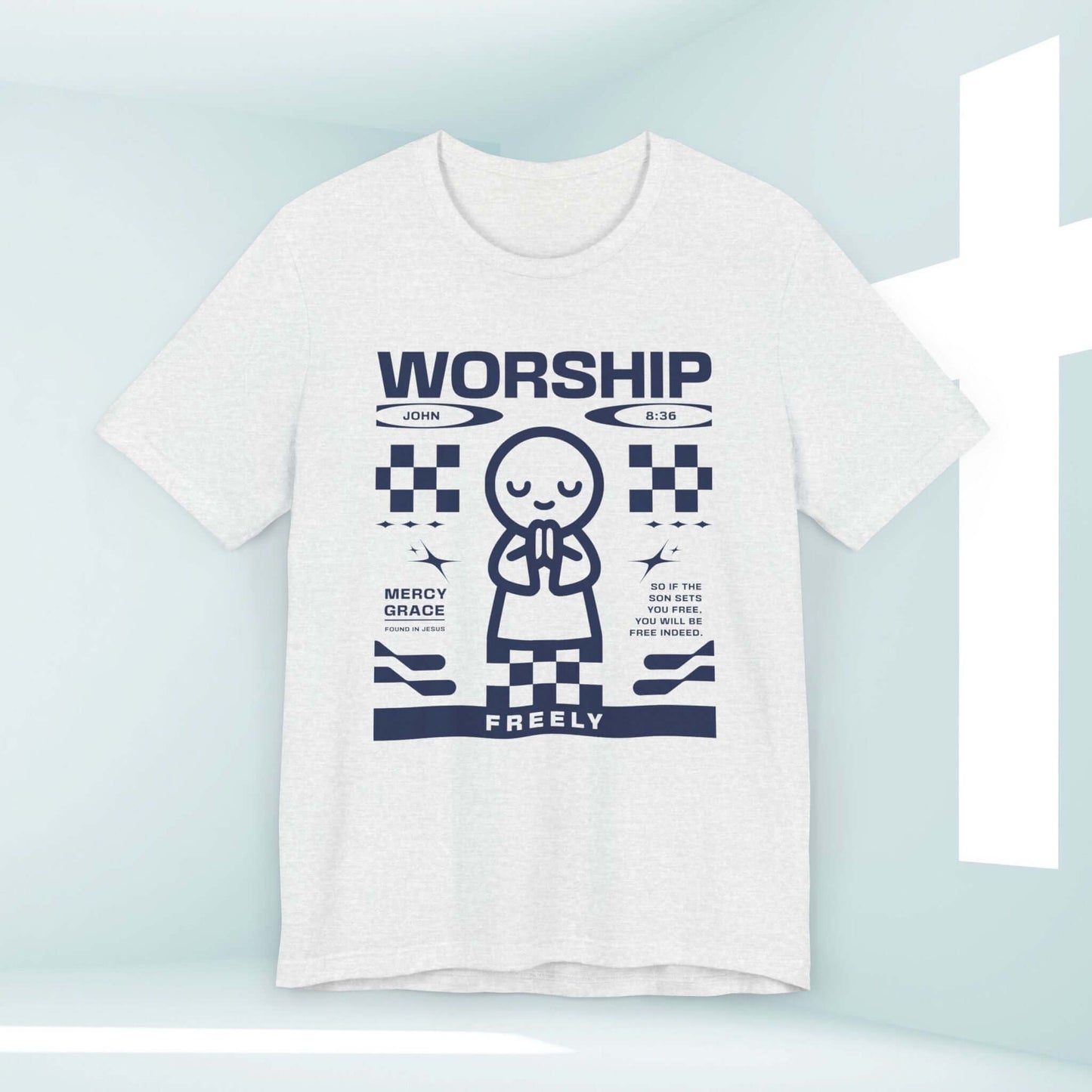 Worship Freely Christian t-shirt with prayer graphic and bible verse, perfect for worship, praise, church, and spreading faith.