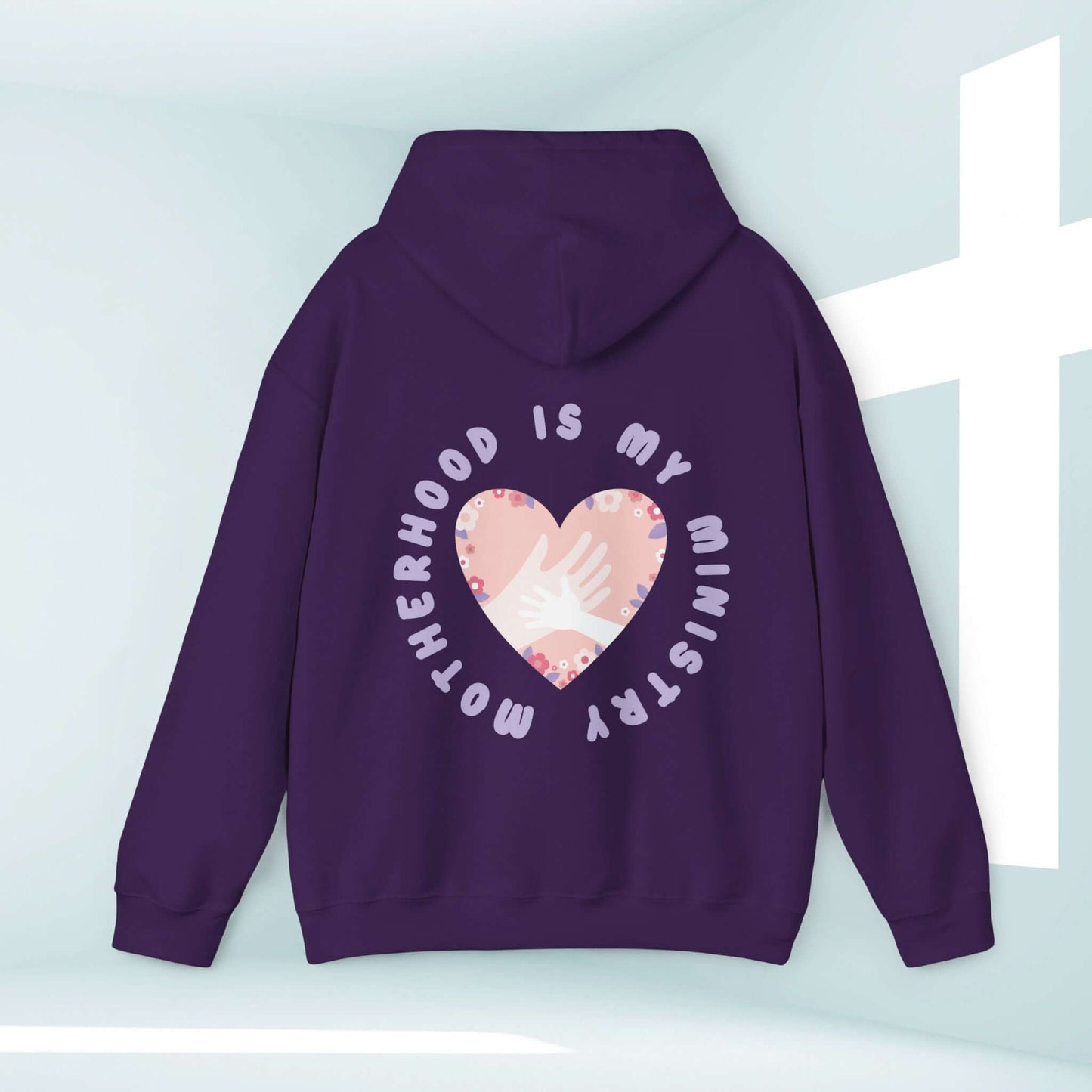 Motherhood Is My Ministry Christian hoodie gift for mom, inspirational women's hooded sweatshirt for homeschoolers and new moms.