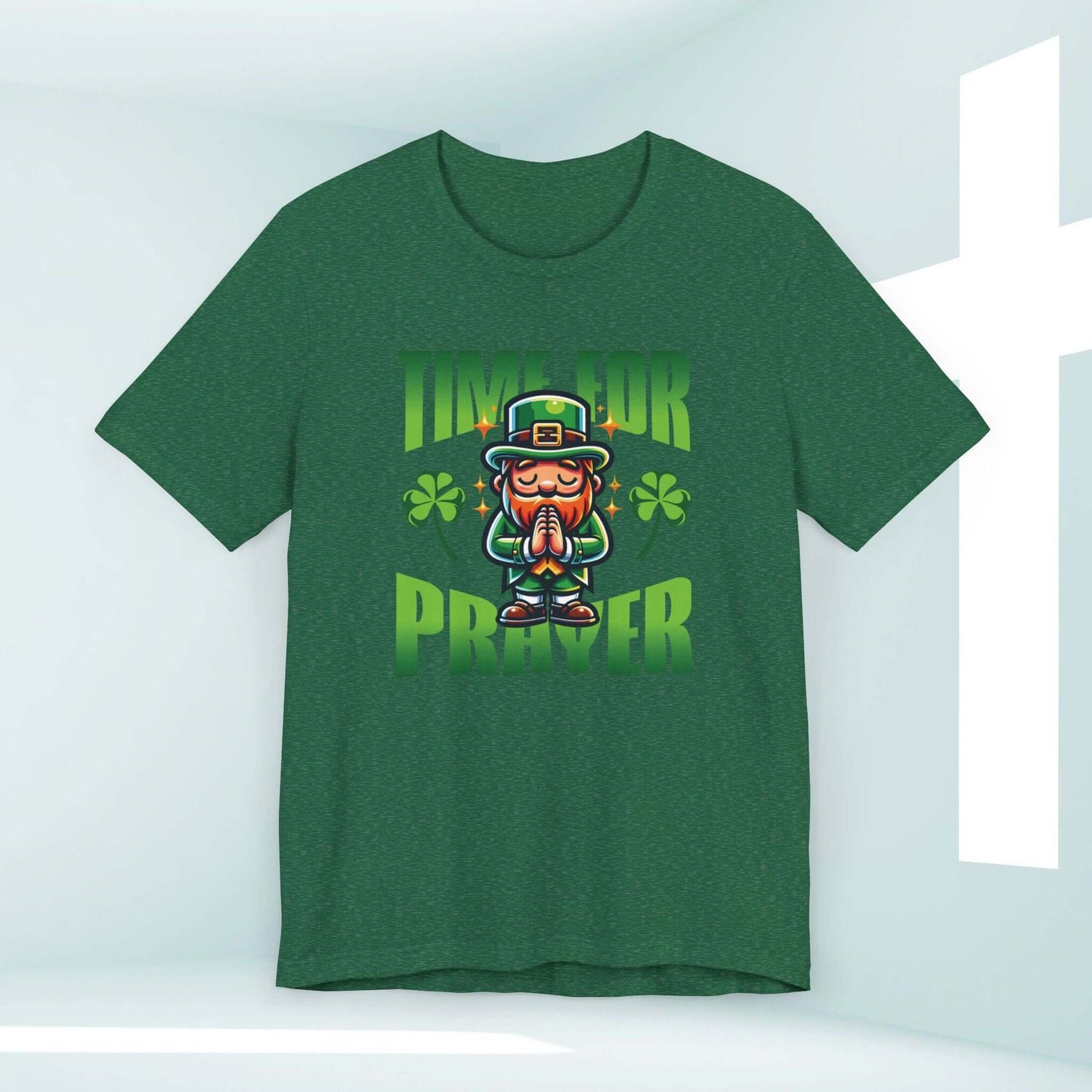 St Patrick's Day Christian shirt with a praying leprechaun and shamrock design, faith-based tee, green St Paddys day apparel.