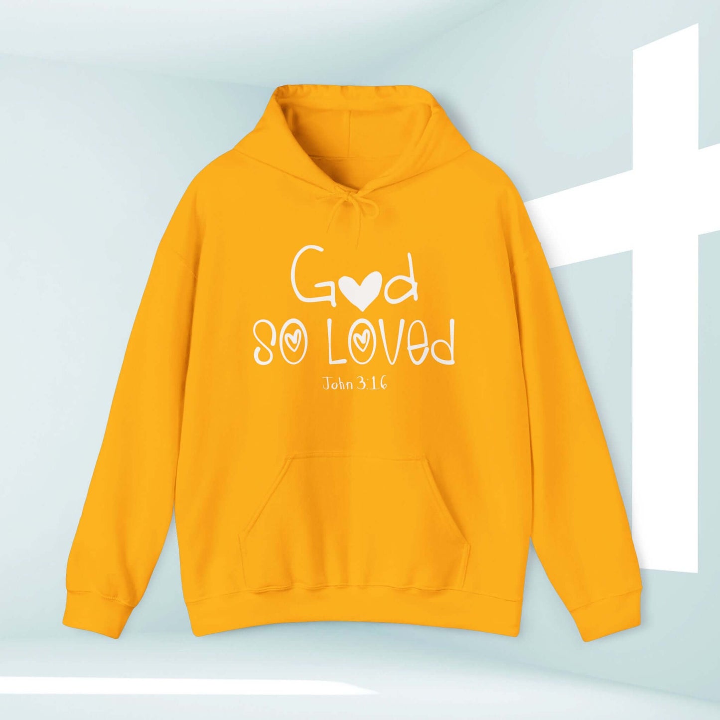 Bright yellow God So Loved John 3:16 women's Christian hoodie with white lettering, perfect faith-based religious sweatshirt.