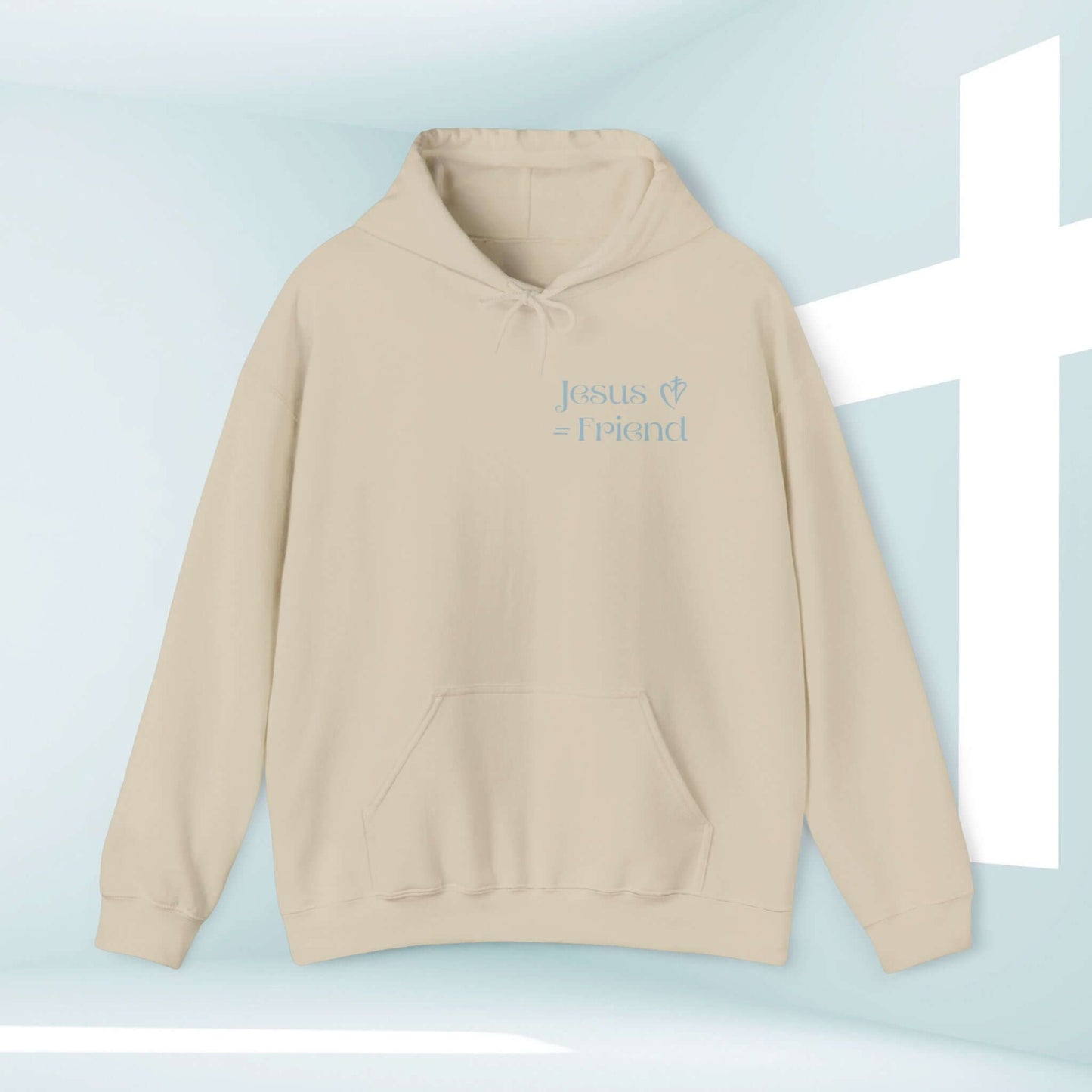 Christian hoodie with "Jesus = Friend" text displayed, perfect for inspiration and sharing faith.