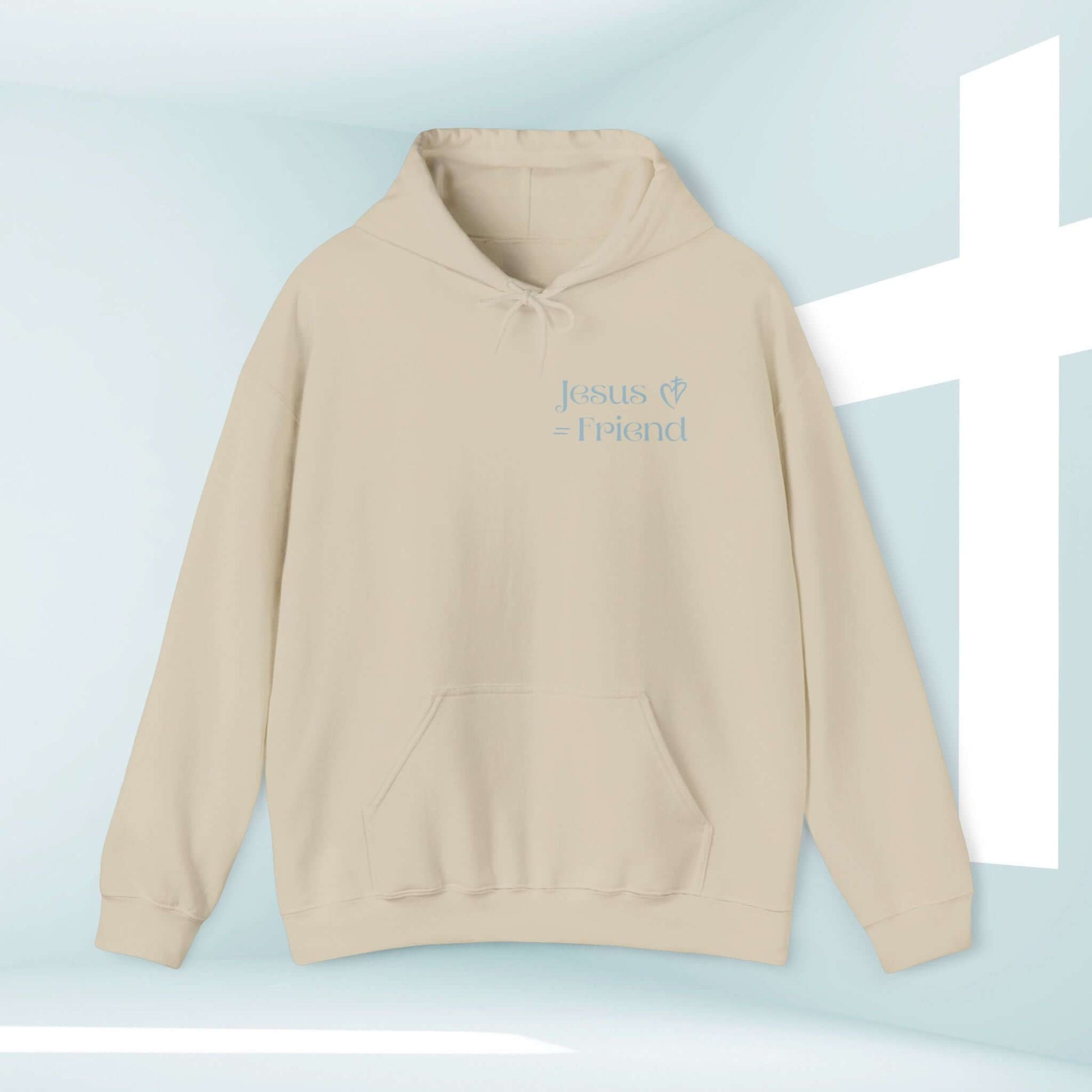 Christian hoodie with "Jesus = Friend" text displayed, perfect for inspiration and sharing faith.