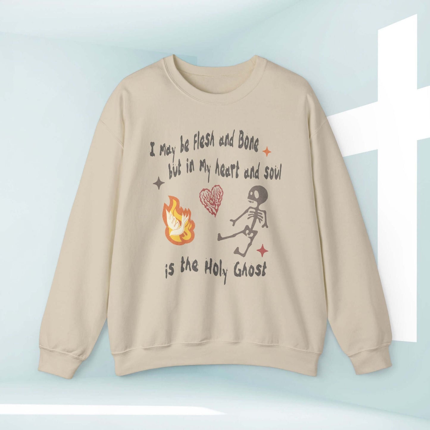 Christian Halloween sweatshirt with skeleton and "Holy Ghost" Bible verse, inspirational faith-based apparel.