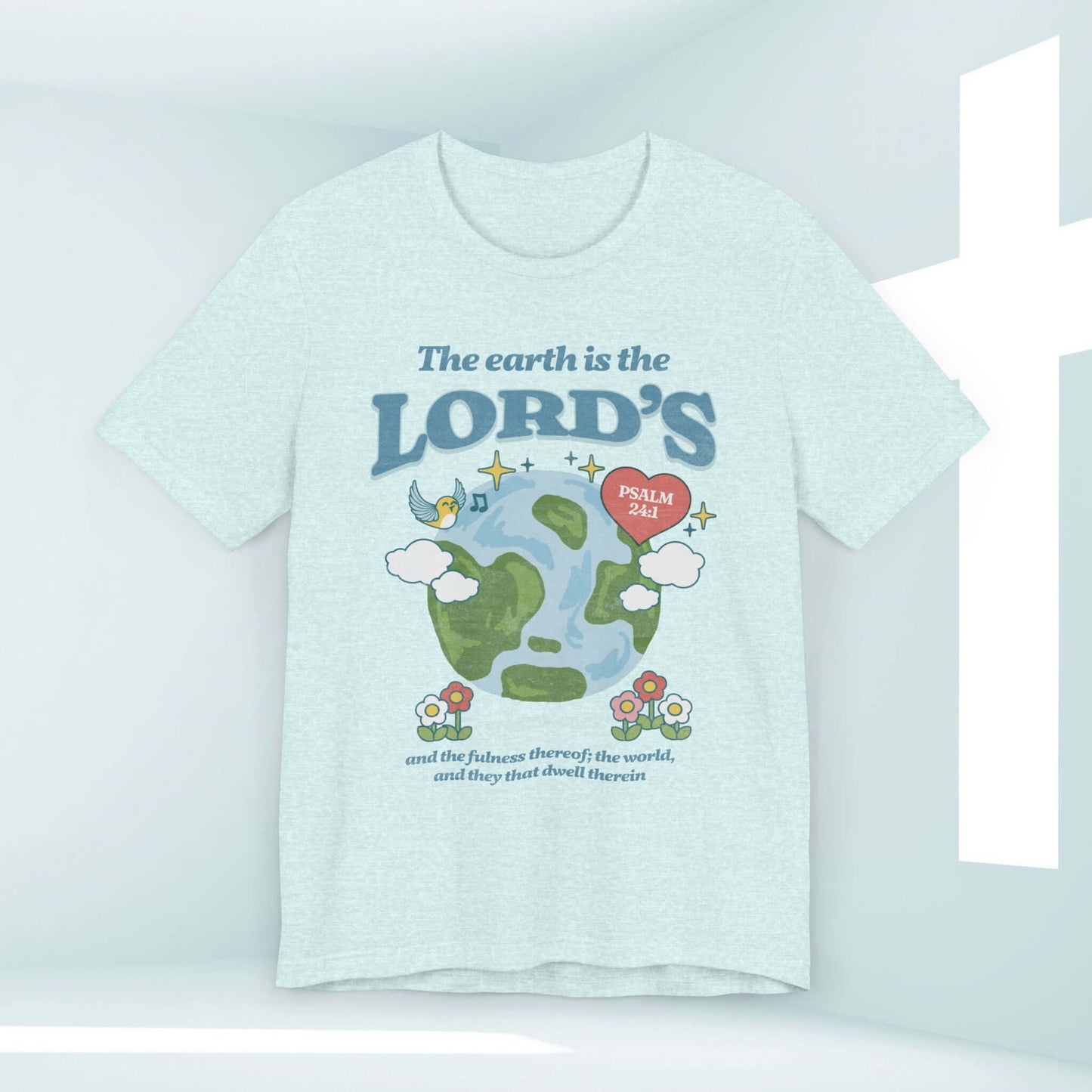 Christian camping nature shirt with Bible verse "The Earth Is The Lord's" for Earth Day, showcasing faith-based inspirational graphic design.