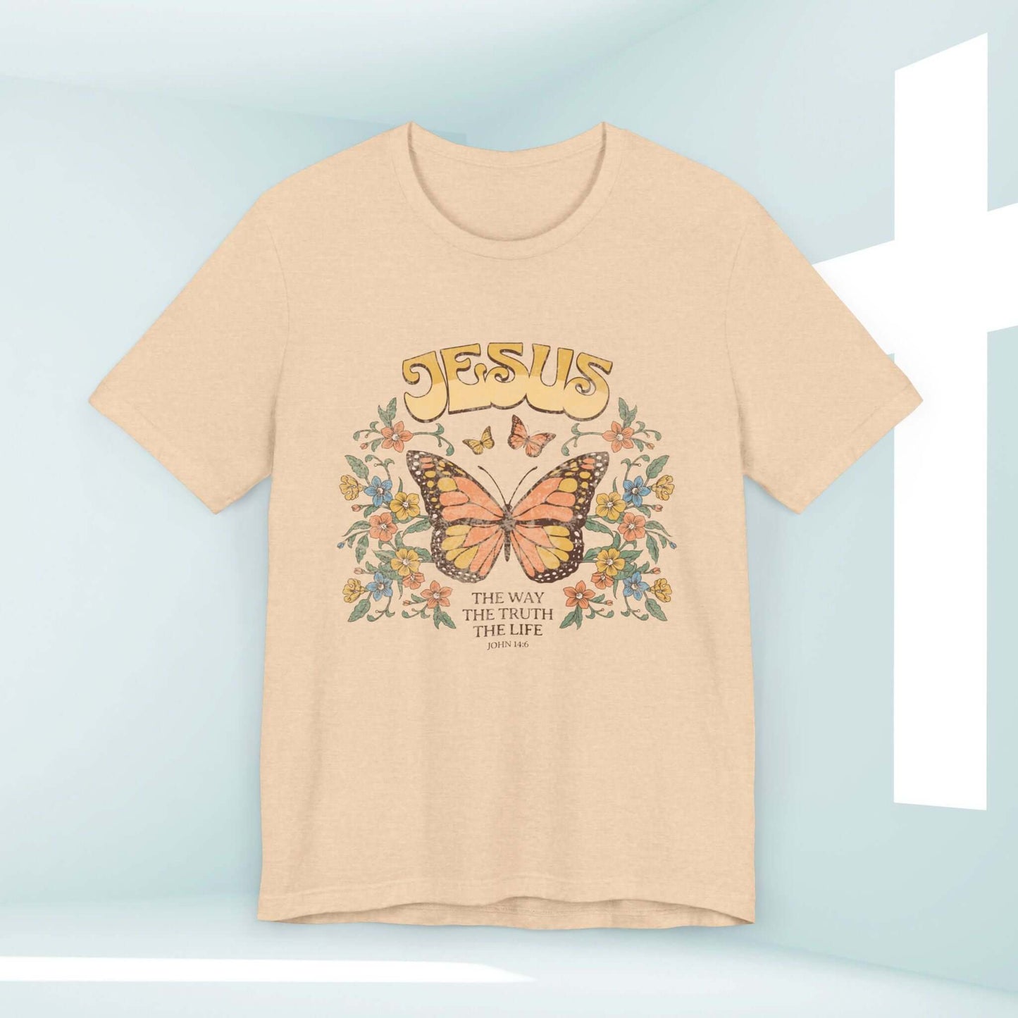 Jesus The Way The Truth The Life butterfly Christian t-shirt in beige with inspirational design and Bible verse, faith-based apparel