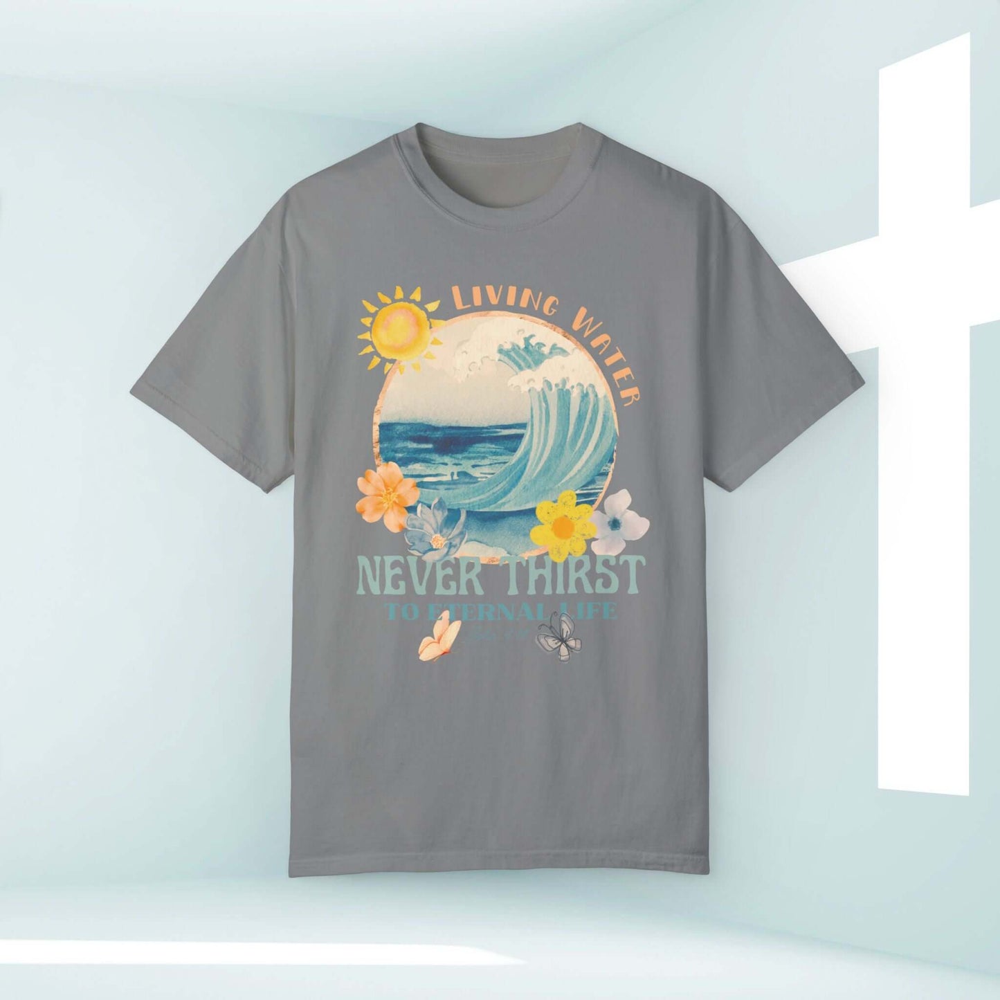 Living Water beach shirt with Bible verse, Christian summer tee featuring ocean wave and flowers design, faith-based apparel