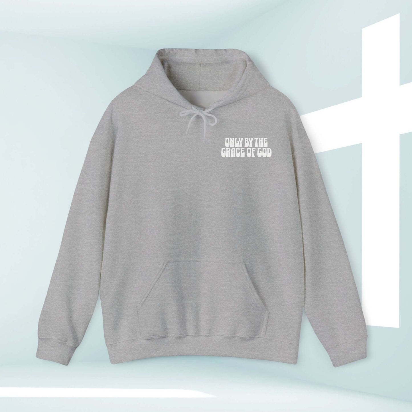 Only By The Grace Of God Christian Hoodie, Bible Verse Hooded Sweatshirt in Light Gray with Cross Background