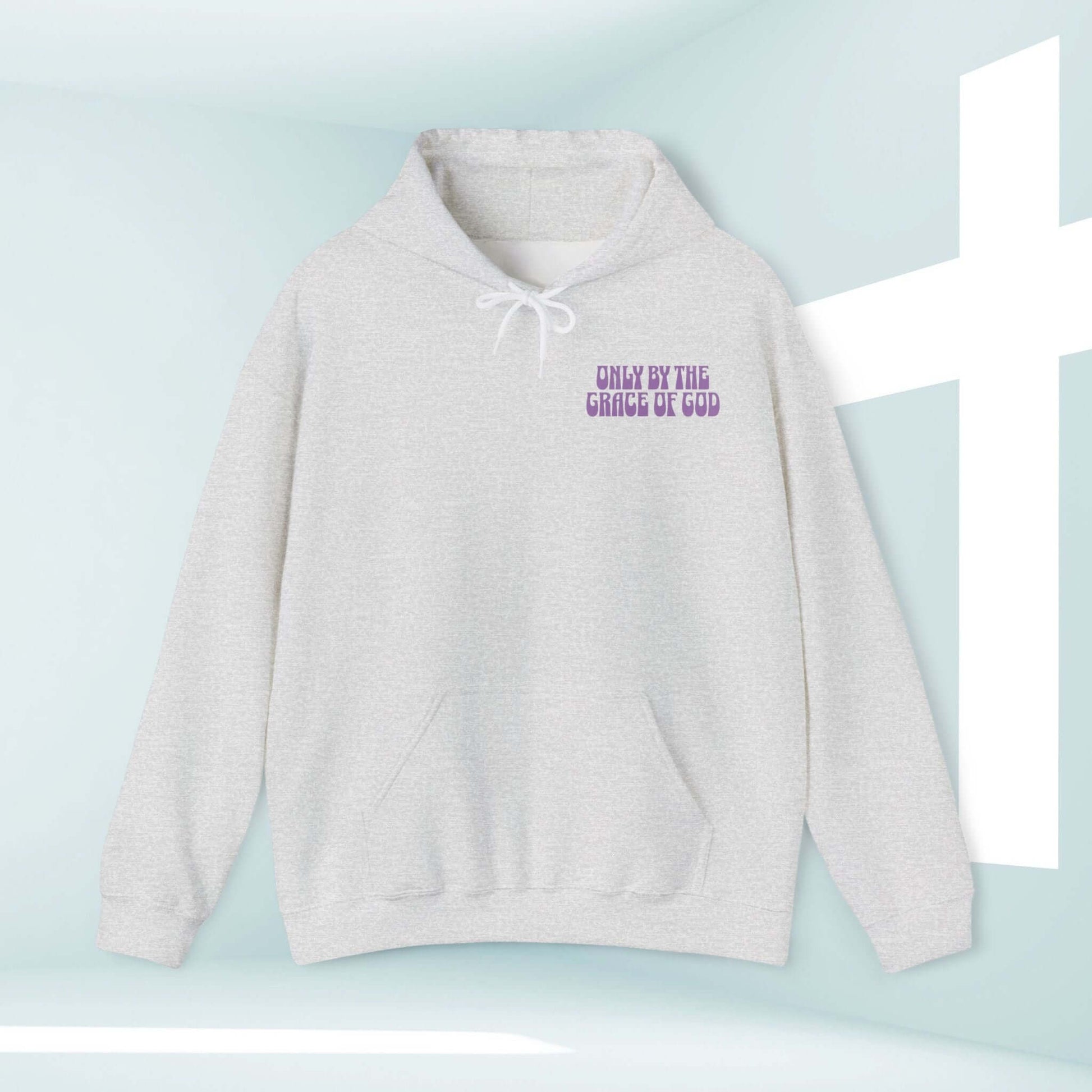 Only By The Grace Of God Christian hoodie with bible verse design in grey, faith-based religious hooded sweatshirt, perfect for Christian apparel.