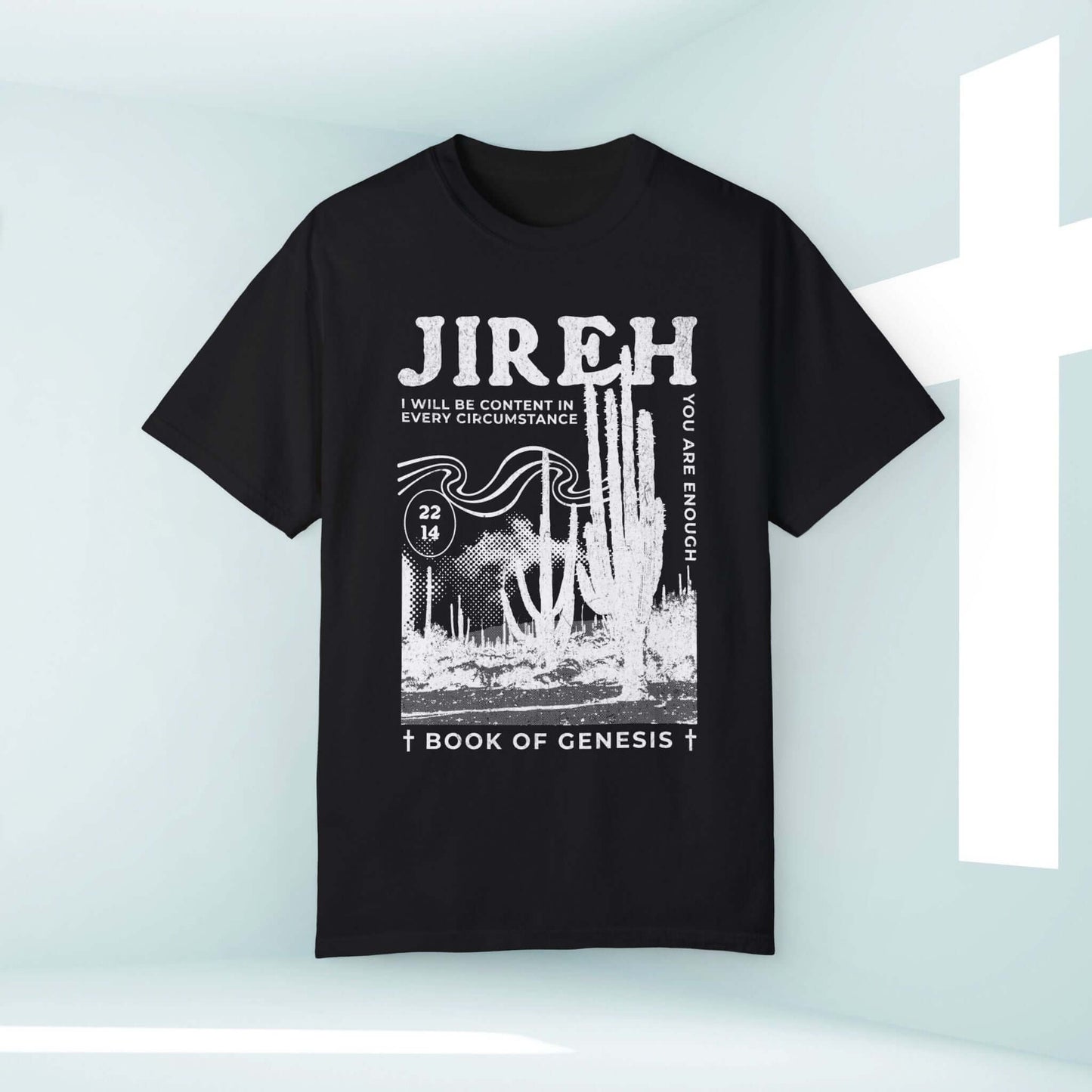 Jireh Christian t-shirt with a cactus graphic and Bible verse from Genesis, black worship tee promoting faith and inspiration.