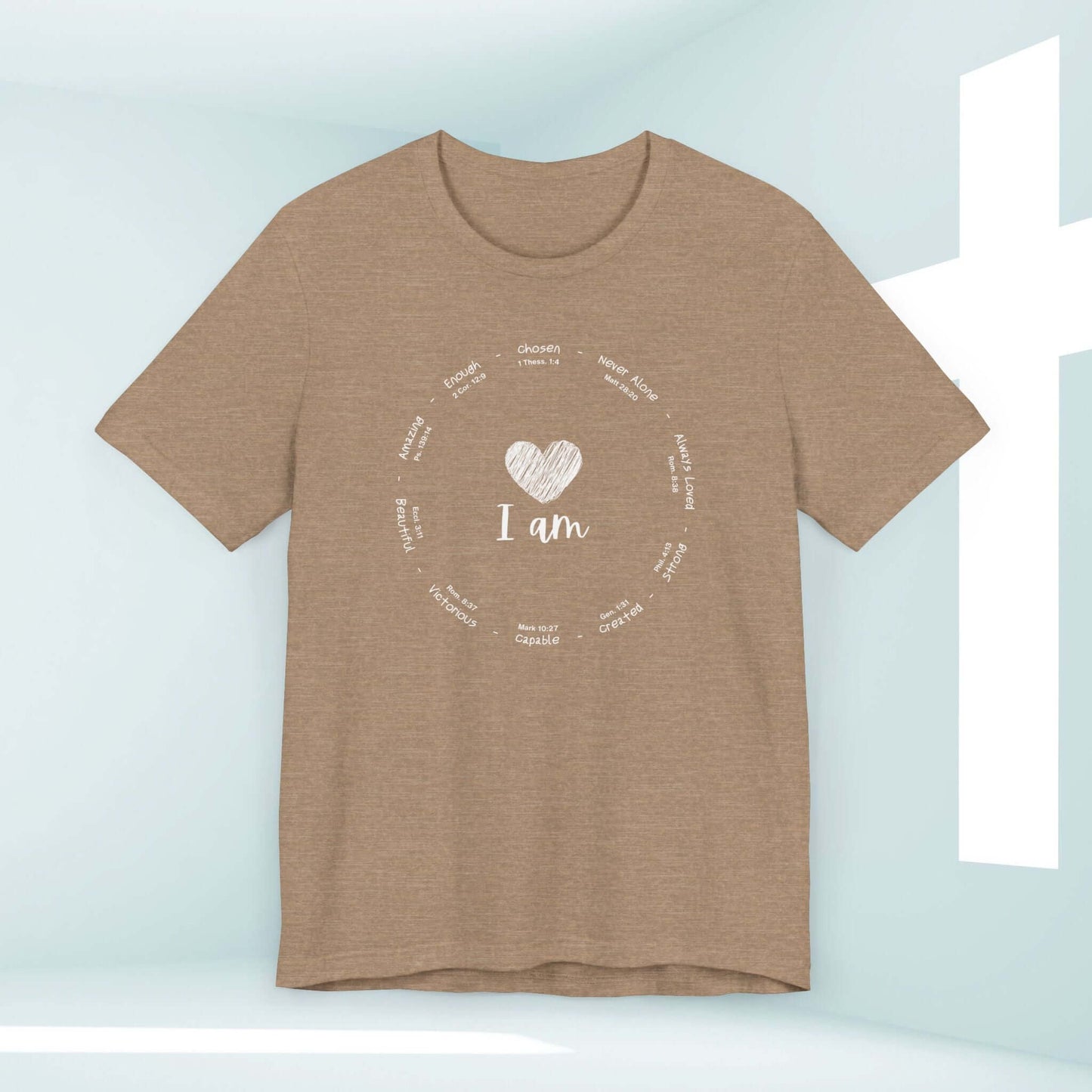 I Am Inspiration Shirt with Bible Verse - Women's Christian Tee with positive affirmations like "I am amazing, I am enough" in beige color.