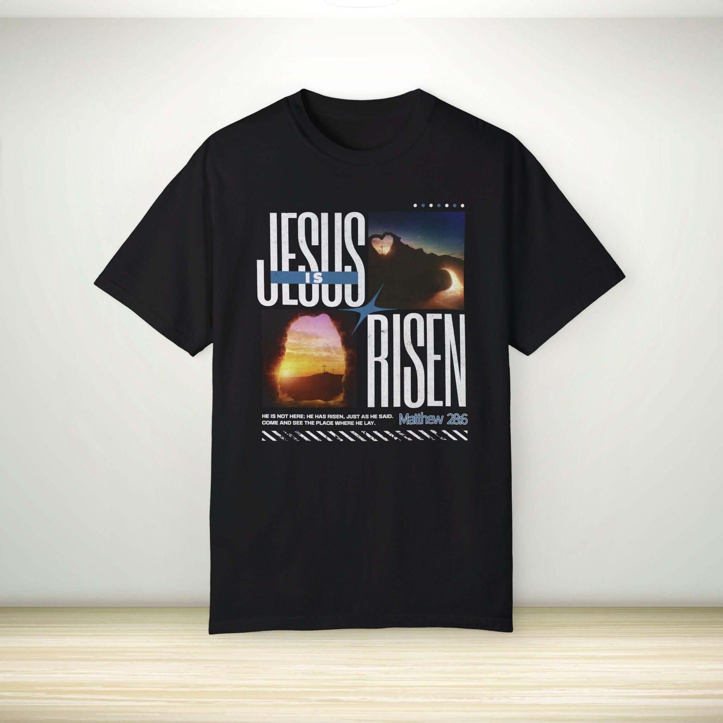 Jesus Is Risen Easter Christian T-shirt with Bible verse, perfect Easter gift and faith-based apparel for daily wear and testimonials.